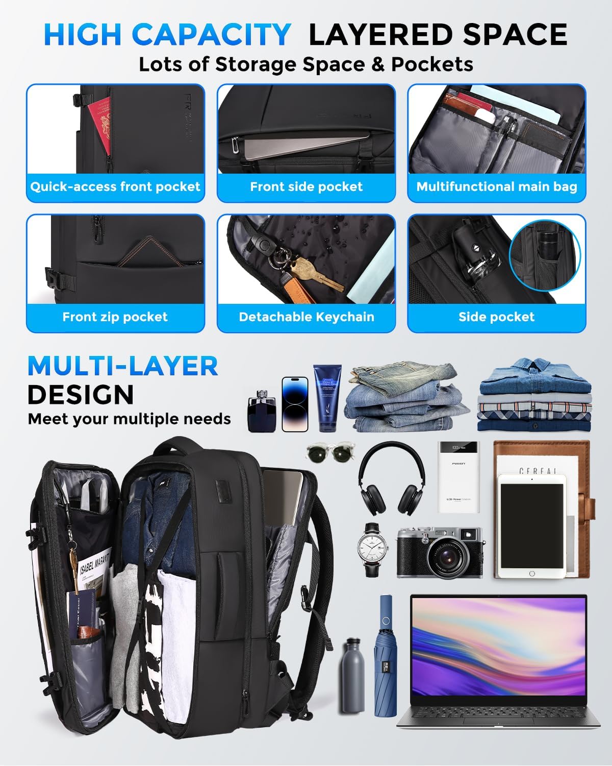 Men's Travel Backpack - Flight Approved Carry-On Backpack with USB Charging Port, Water Resistant Expandable Laptop Daypack (Fits 17.3 Inch Laptop) - Perfect for Business Travel, College & Work Commute
