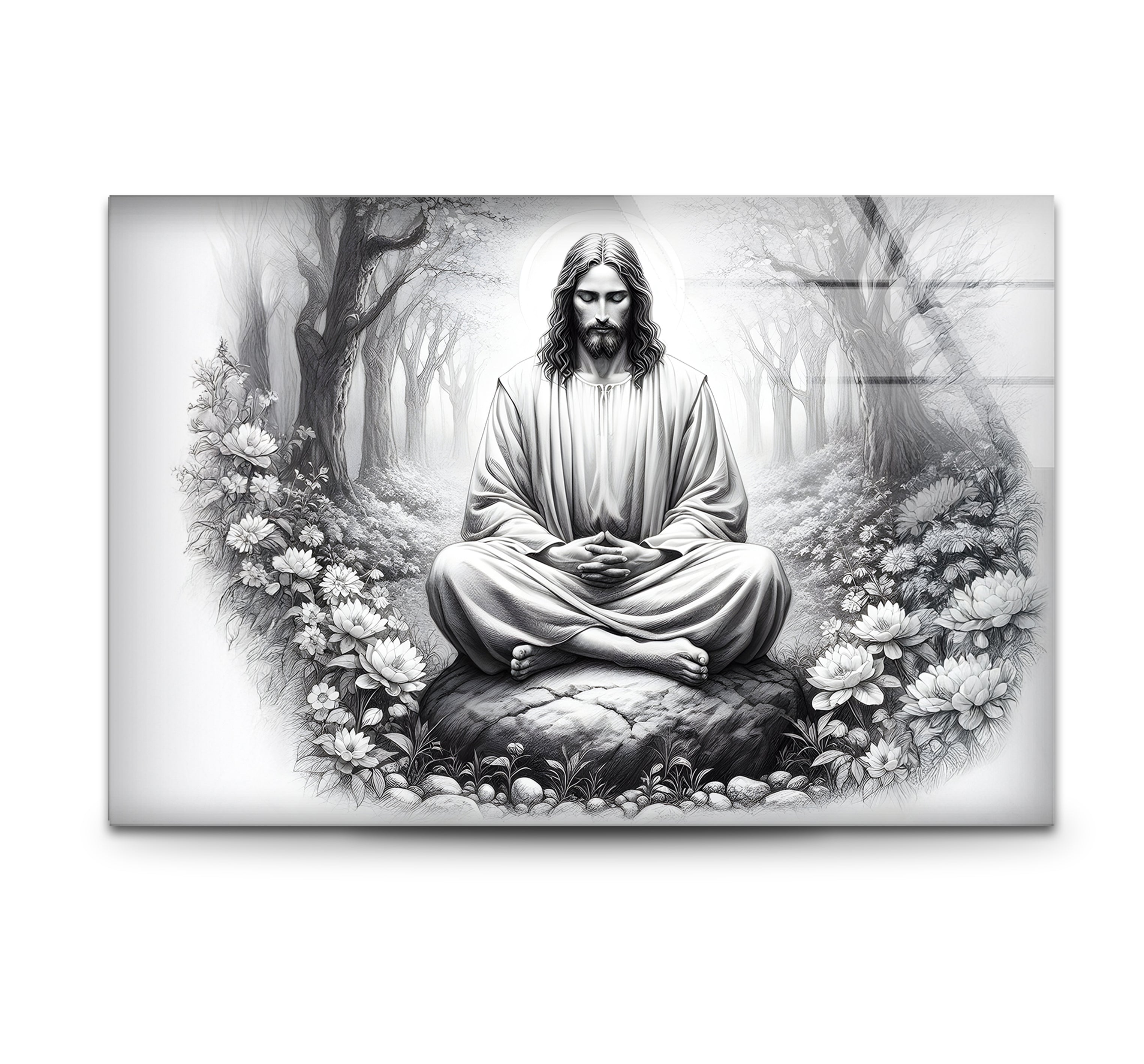 Black and White Jesus Glass Wall Art - Religious Home Decor for Living Room, Bedroom & Church