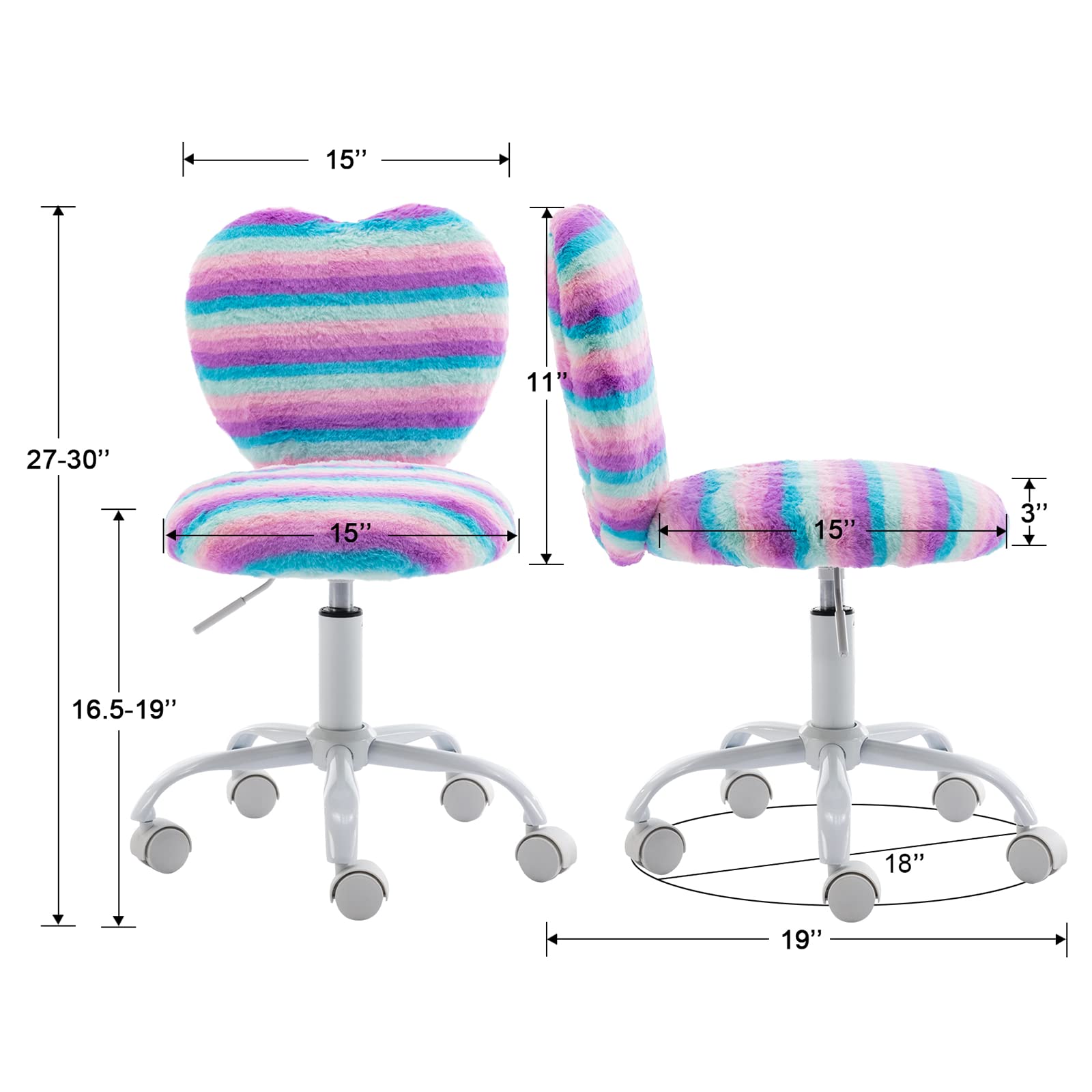 Colorful Furry Kids Desk Chair for Girls - Soft Swivel Rolling Study Chair with Rainbow Design, Perfect for Bedroom, Computer Use, Reading & Homework