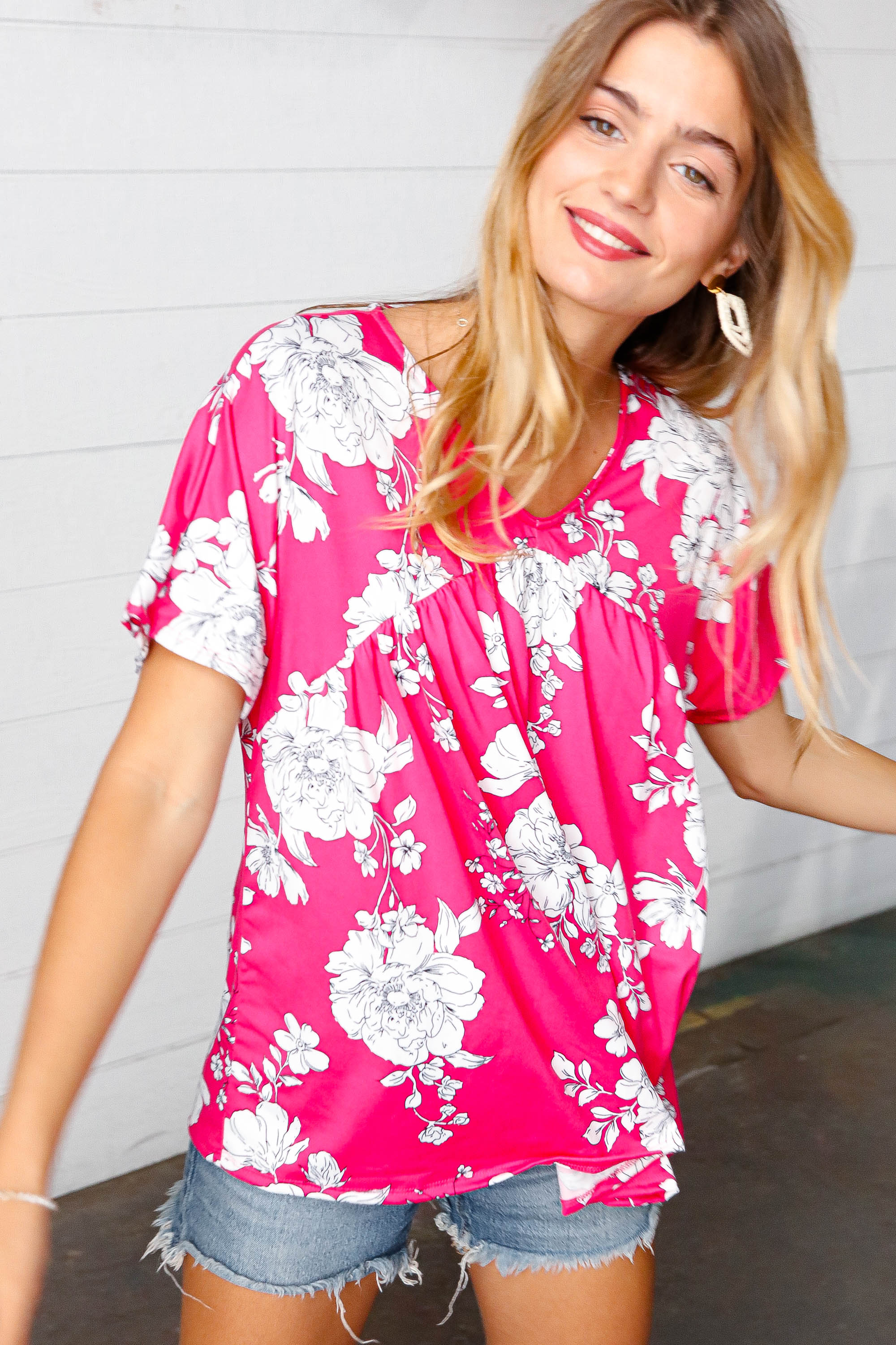 Fuchsia Floral V-Neck Dolman Top for Women | Casual Loose Fit Tunic Blouse | Perfect for Spring Outfits, Date Nights & Office Wear