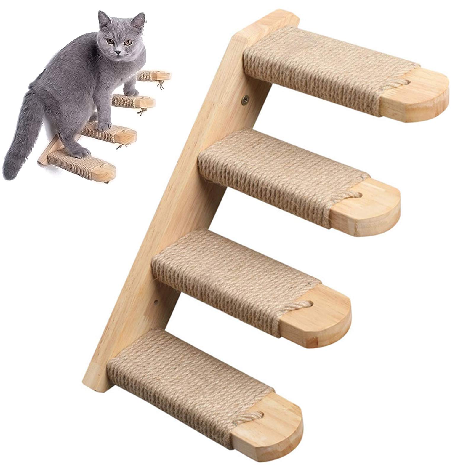 Multi-Level Cat Climbing Stairs - 4-Step Wall Mounted Cat Ladder with Scratching Jute & Perch Platform | Solid Rubber Wood Cat Steps for Indoor Cats | Perfect for Small Spaces, Apartments & Cat Wall Play Areas