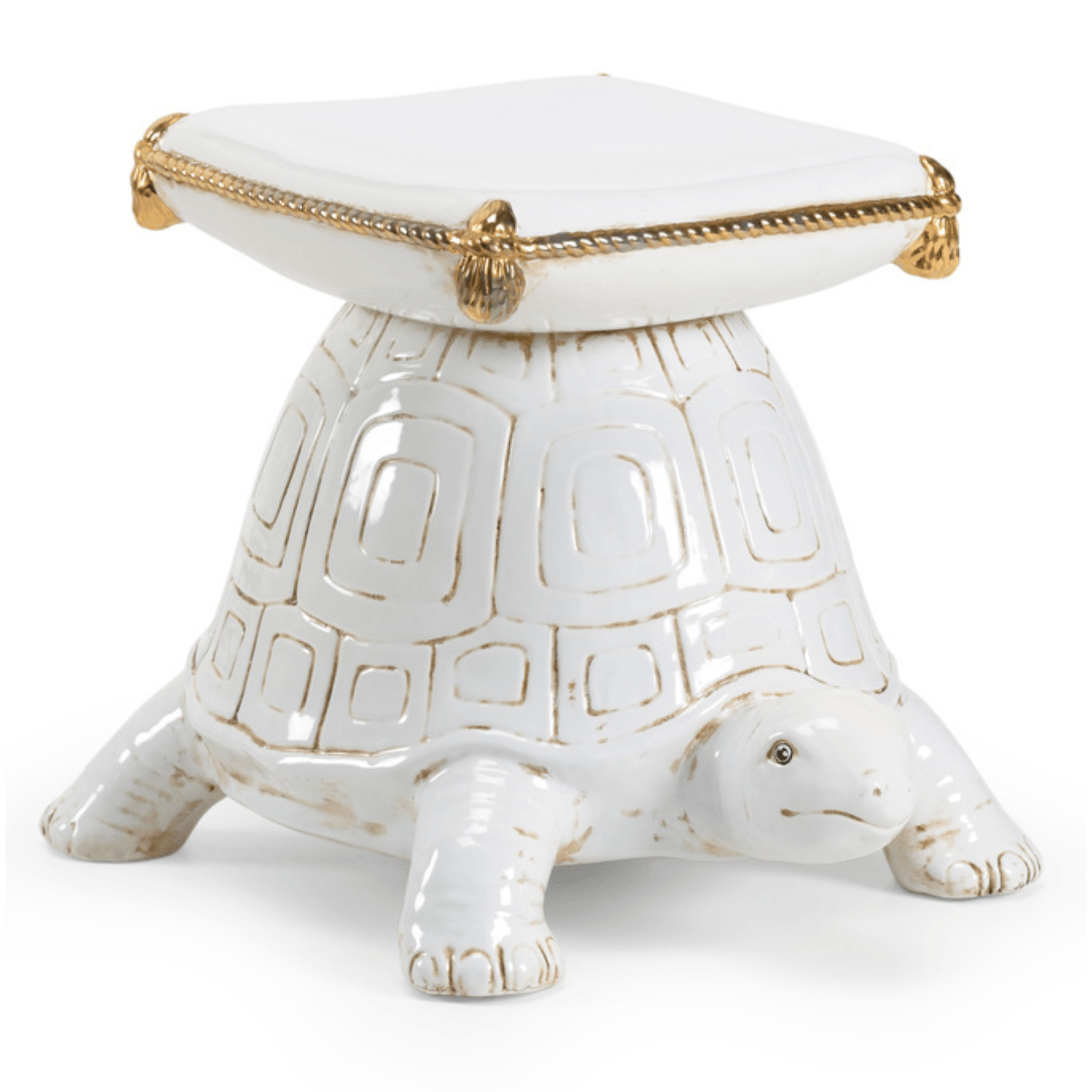 Vintage White Glazed Ceramic Turtle Garden Stool with Gold Accents - Outdoor Decor for Patio, Garden, and Lawn Seating