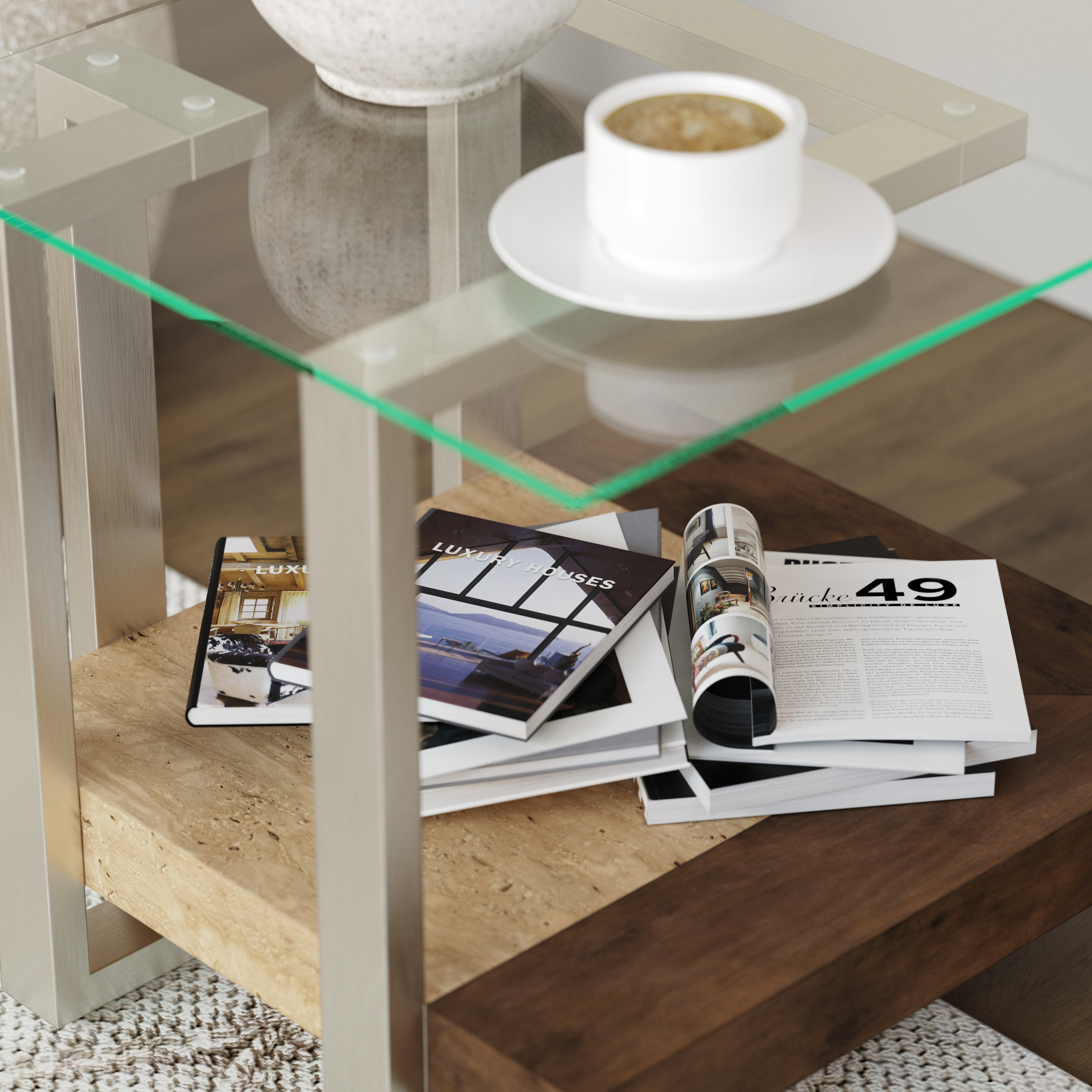 Roundhill Furniture Andes Glass End Table with Marble Shelf - Polished Nickel Finish - Modern Living Room Side Table for Sofa, Bedroom & Office Decor