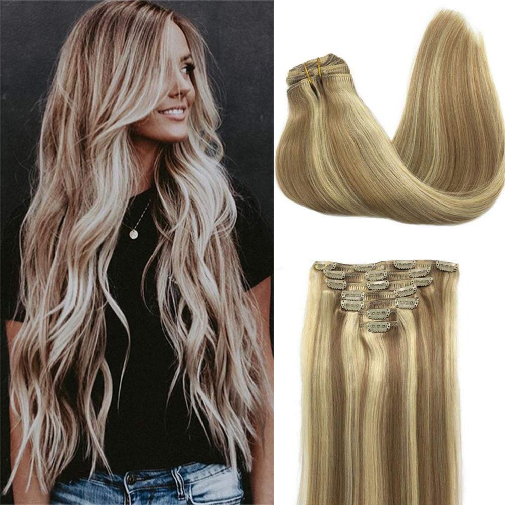Clip In Human Hair Extensions 7PCS 120G - Ombre Two Tone Light Ash Blonde with Golden Blonde Highlights | Silky Straight Real Hair Extensions for Women | Perfect for Parties, Weddings & Daily Styling