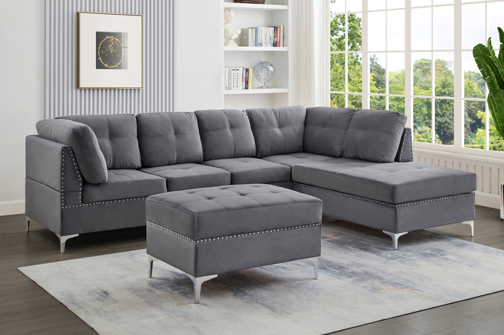 Luxury Grey Velvet Sectional Sofa with Storage Ottoman - Model #1233 | Modern Living Room Furniture for Small Spaces | Perfect for Apartments, Condos & Cozy Homes