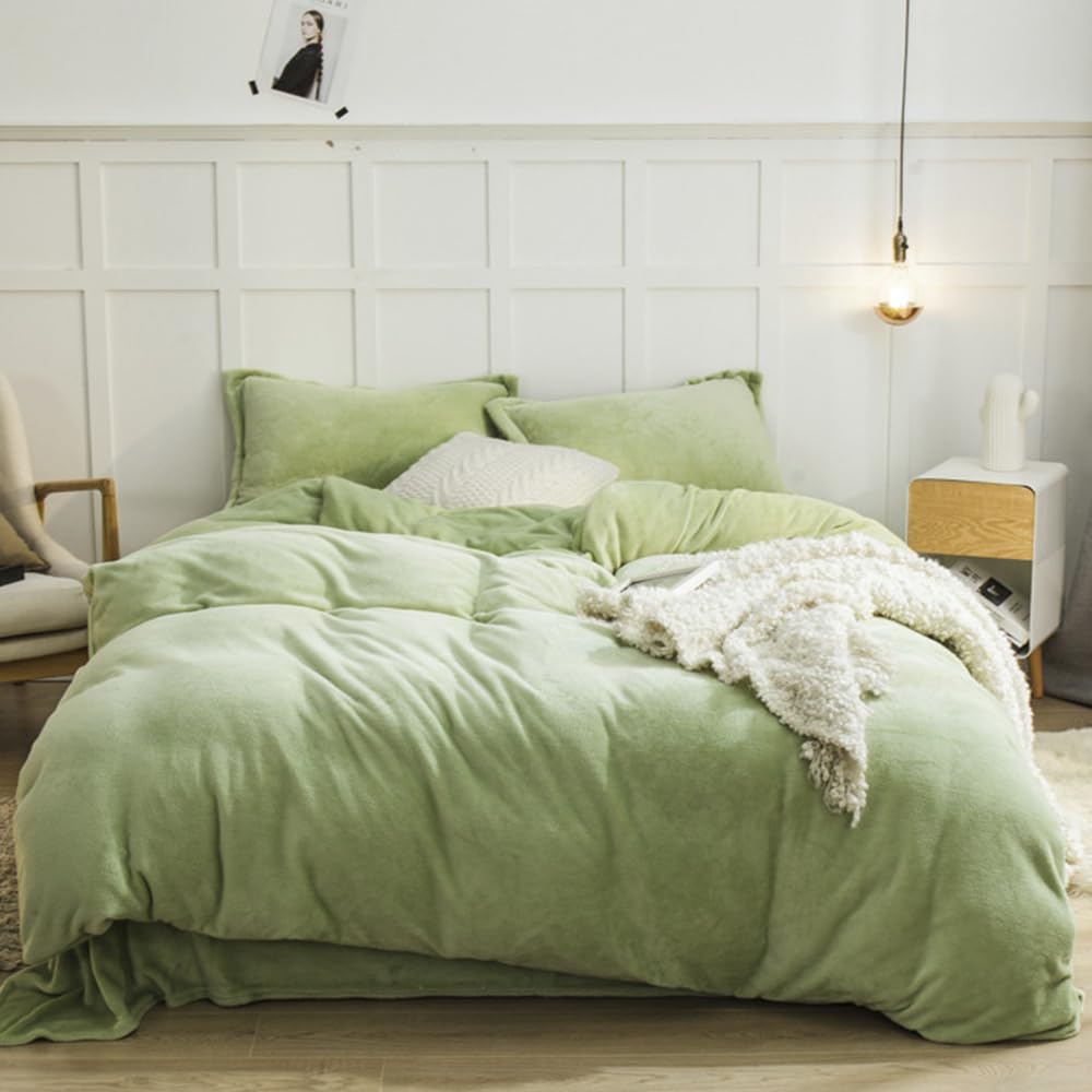 CLOTHKNOW Green Velvet Twin Comforter Set - 3 Piece Fluffy Soft Bedding Set with 2 Pillowcases | Light Green Velvet Comforter for Cozy Bedroom Decor & Guest Room Essentials