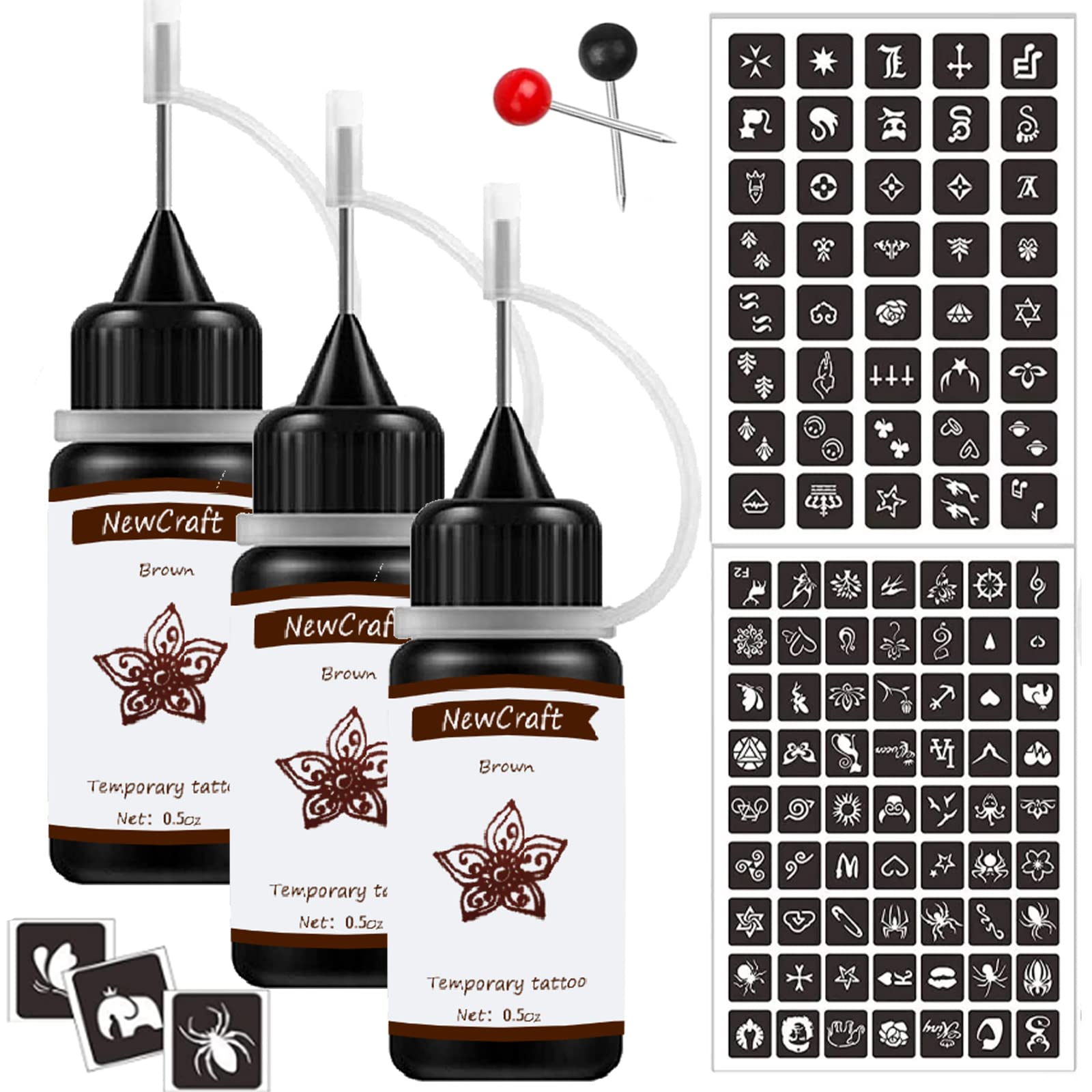 3 Packs Brown Temporary Tattoo Kit - Safe & Skin Friendly Fake Tattoo Ink with Stencils for Adults, Teens & Kids - Perfect for Halloween, Cosplay & Party Costumes