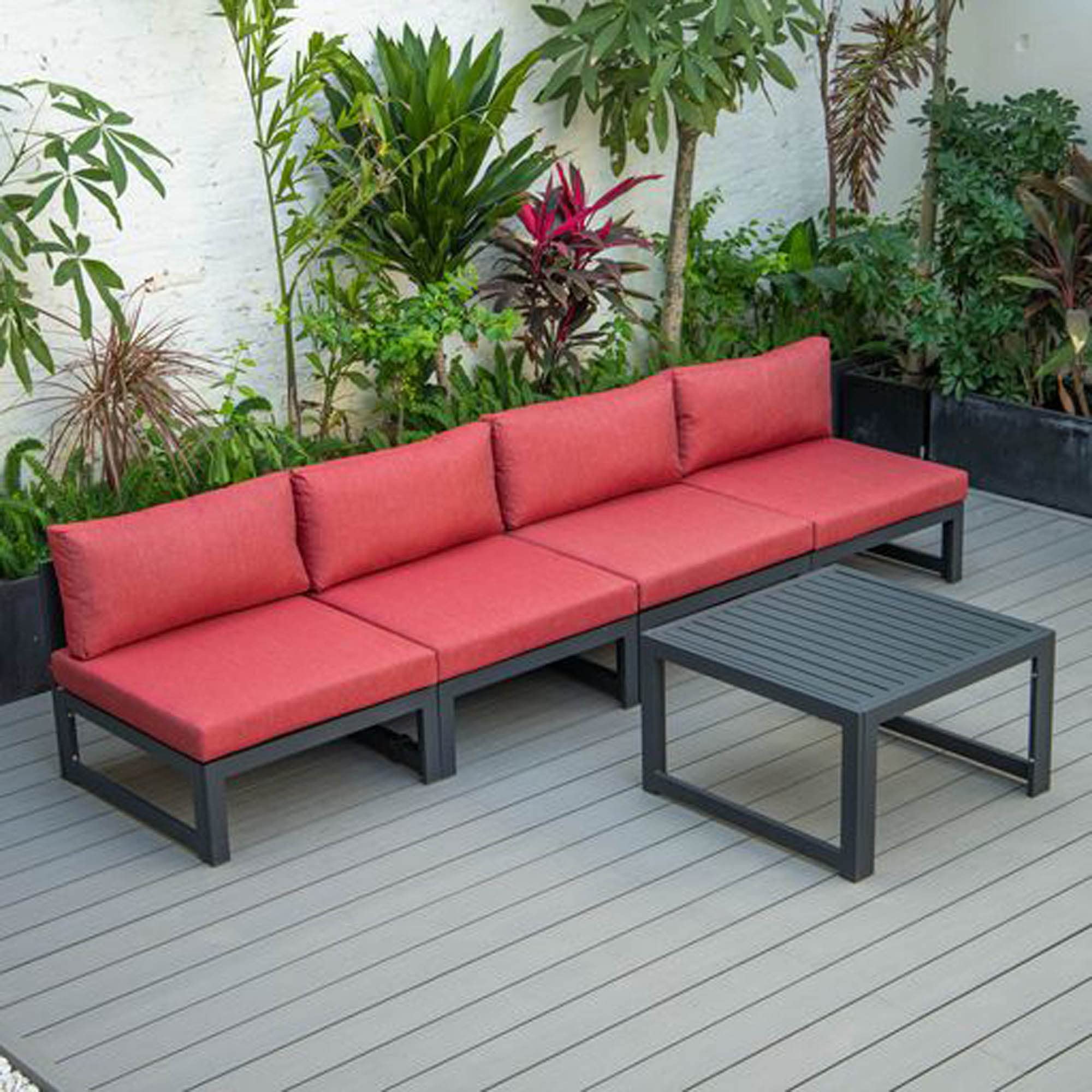 LeisureMod Chelsea 5-Piece Outdoor Patio Furniture Set - Black Aluminum Frame with Red Cushions - Weather-Resistant Dining Chairs & Coffee Table - Perfect for Backyard, Garden, Poolside & Patio Relaxation