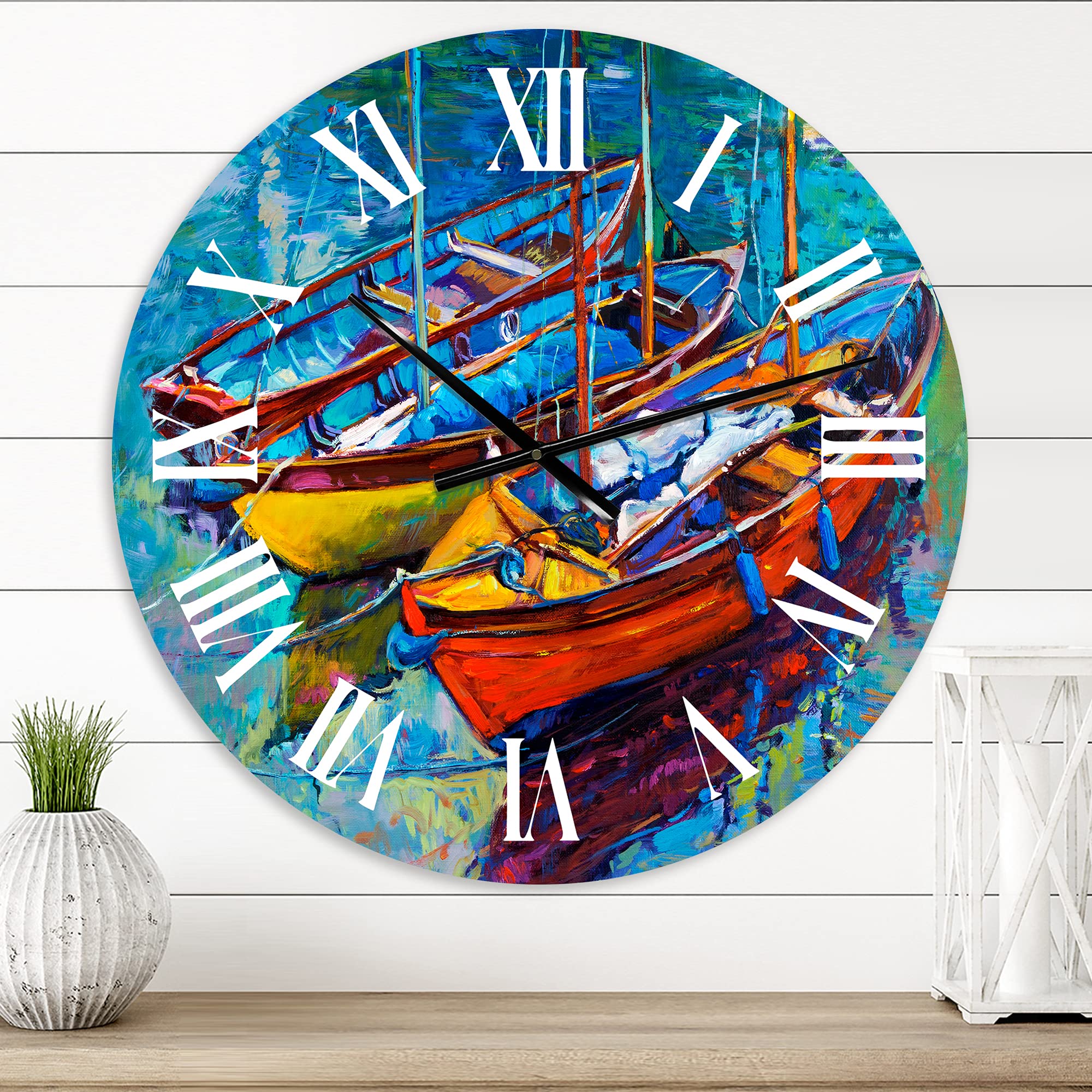 DesignQ Nautical & Coastal Wall Clock - 'Three Boats in The Harbor' Blue Round Wall Clock for Bedroom, Living Room & Office Decor | Perfect for Beach House, Coastal & Marine Theme Interior Design