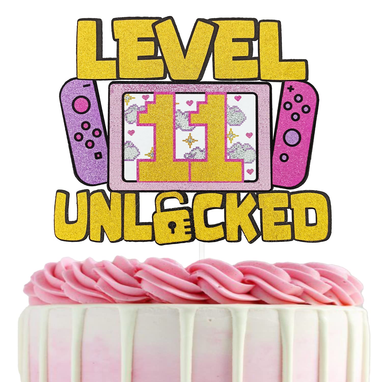 Girls Level 11 Unlocked Glitter Cake Topper - Video Game Themed 11th Birthday Party Decoration for Girl Gamers | Perfect for Gaming Birthday Cakes, Streamer Celebrations & Esports Party Favors