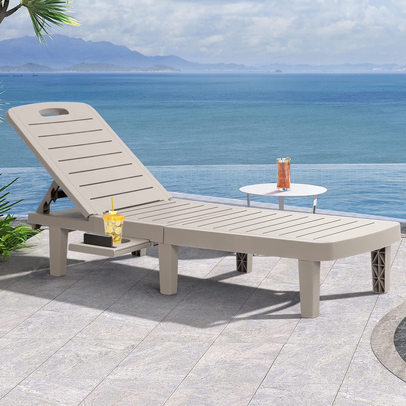 **Outdoor Chaise Lounge Chair - Waterproof Resin Adjustable 5-Position Sun Lounger with Cup Holder for Patio, Poolside, Beach & Yard - All-Weather Grey (1PCS) - Perfect for Relaxing, Sunbathing & Lounging**