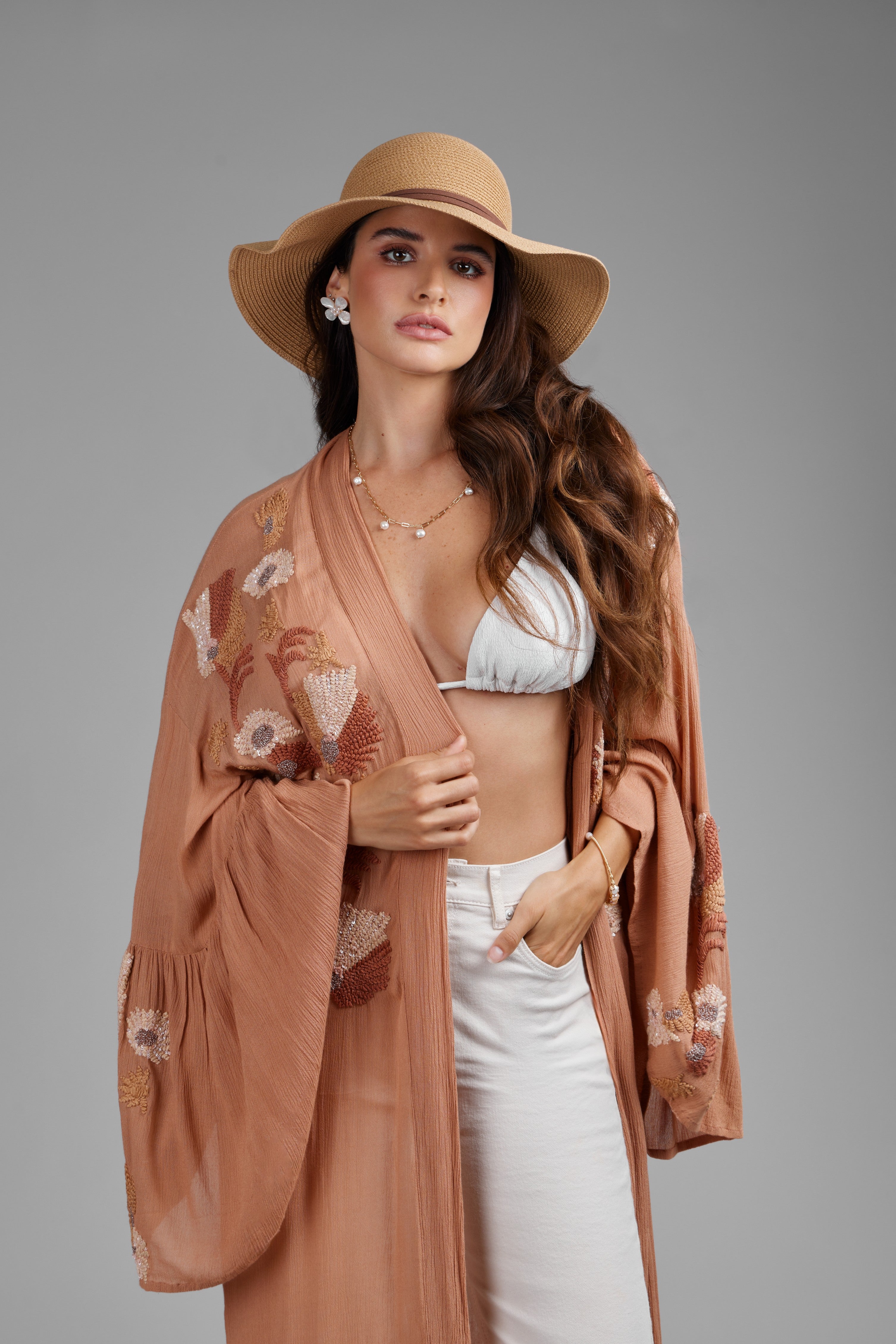 Floral Embellished Long Kimono Robe - Elegant Boho Cover Up for Women - Perfect for Beach, Pool, Vacation & Loungewear