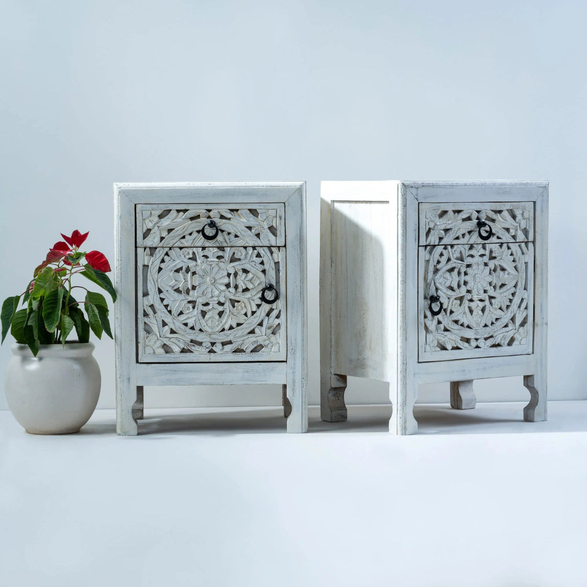 Hand Carved White Nightstand - Unique Wooden Bedside Table for Bedroom | Perfect for Modern, Farmhouse & Rustic Home Decor