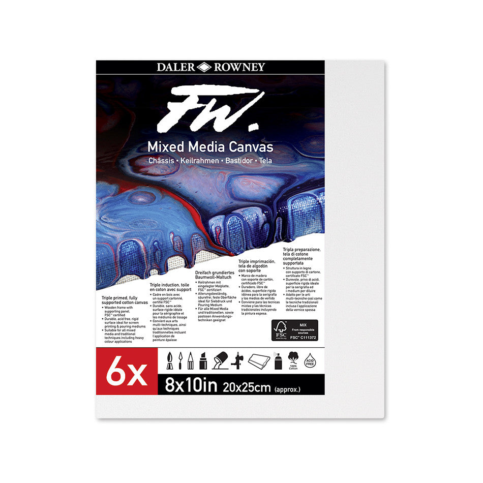 Daler Rowney FW Mixed Media Canvas 8x10 Inches - Pack of 6 - Premium Artist Canvas for Acrylic, Oil & Watercolor Painting - Perfect for Studio, Classroom & DIY Art Projects