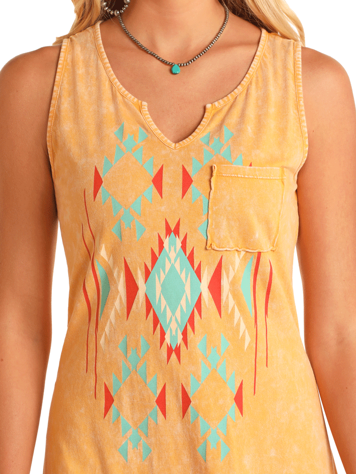Panhandle Womens Southwest Tank Dress - Mustard Gold Floral Print Casual Summer Dress for Beach, Vacation & Boho Style Outfits