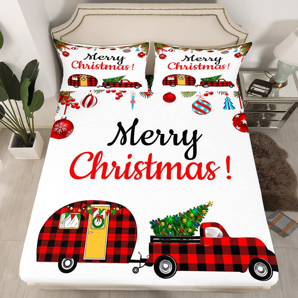 Camper RV Bed Sheets for Travel Trailers - 3 Piece Fitted Sheet Set with 2 Pillowcases (Queen Size, Red Lattice Christmas Design) - Durable Camping Bedding for RVs, Trailers & Holiday Decor | Perfect for Christmas Gifts, Winter Camping & Cozy RV Adventures