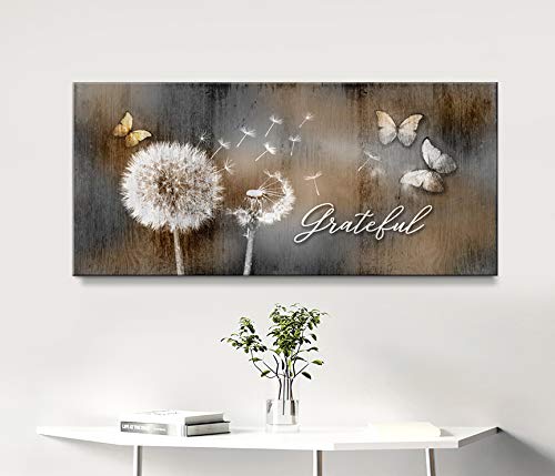 Grateful Dandelions & Butterfly Wall Art - Rustic Bedroom Decor Pictures (42x19, Brown) | Handmade Canvas Painting for Living Room, Bedroom & Office Wall Decoration