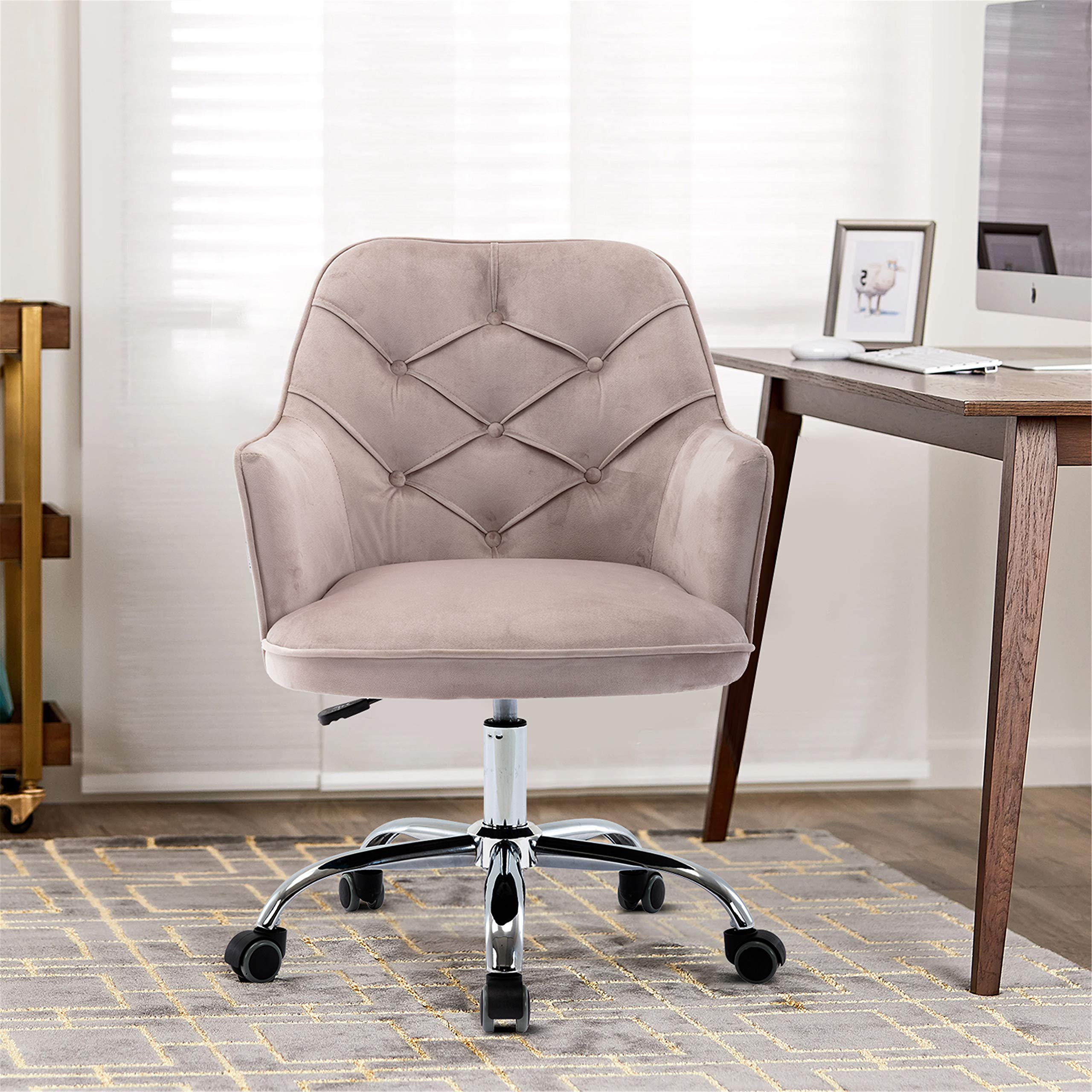 Velvet Accent Chair with Swivel Base - Upholstered Tufted Leisure Armchair, Adjustable Height Task Stool with Wheels for Home Office, Bedroom, Vanity Dressing Table - Perfect for Reading Nook, Makeup Station & Small Space Decor