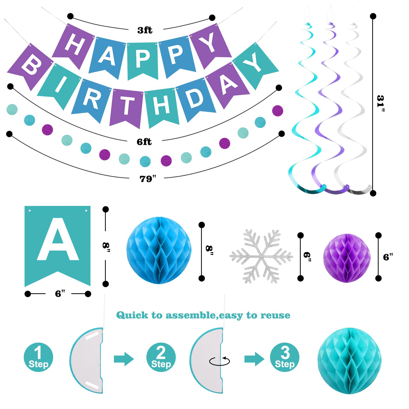 Meowtastic Frozen Birthday Party Decorations Kit - Happy Birthday Banner, Honeycomb Balls, Snowflake Hanging Swirls & Circle Dot Garlands - Winter Themed Birthday Decor for Boys & Girls - Perfect for Frozen Themed Parties, Winter Celebrations & Kids Birthday Decorations