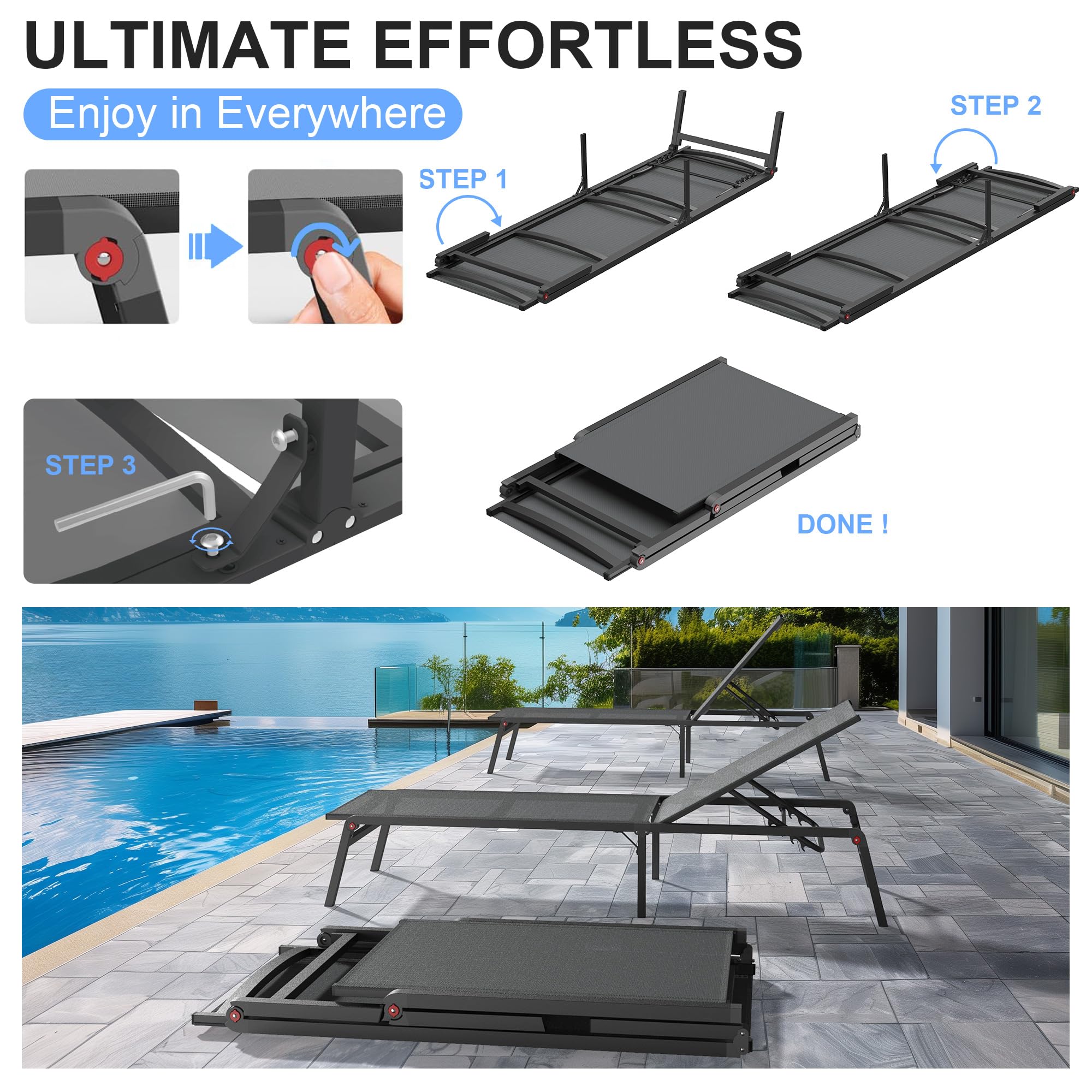 Premium Foldable Outdoor Lounge Chair - 0-60° Adjustable Backrest, No Assembly Tanning Chaise Lounge with Stainless Aluminum Frame for Patio, Poolside & Beach Relaxation - Grey (Perfect for Sunbathing, Backyard Lounging & Vacation Getaways)
