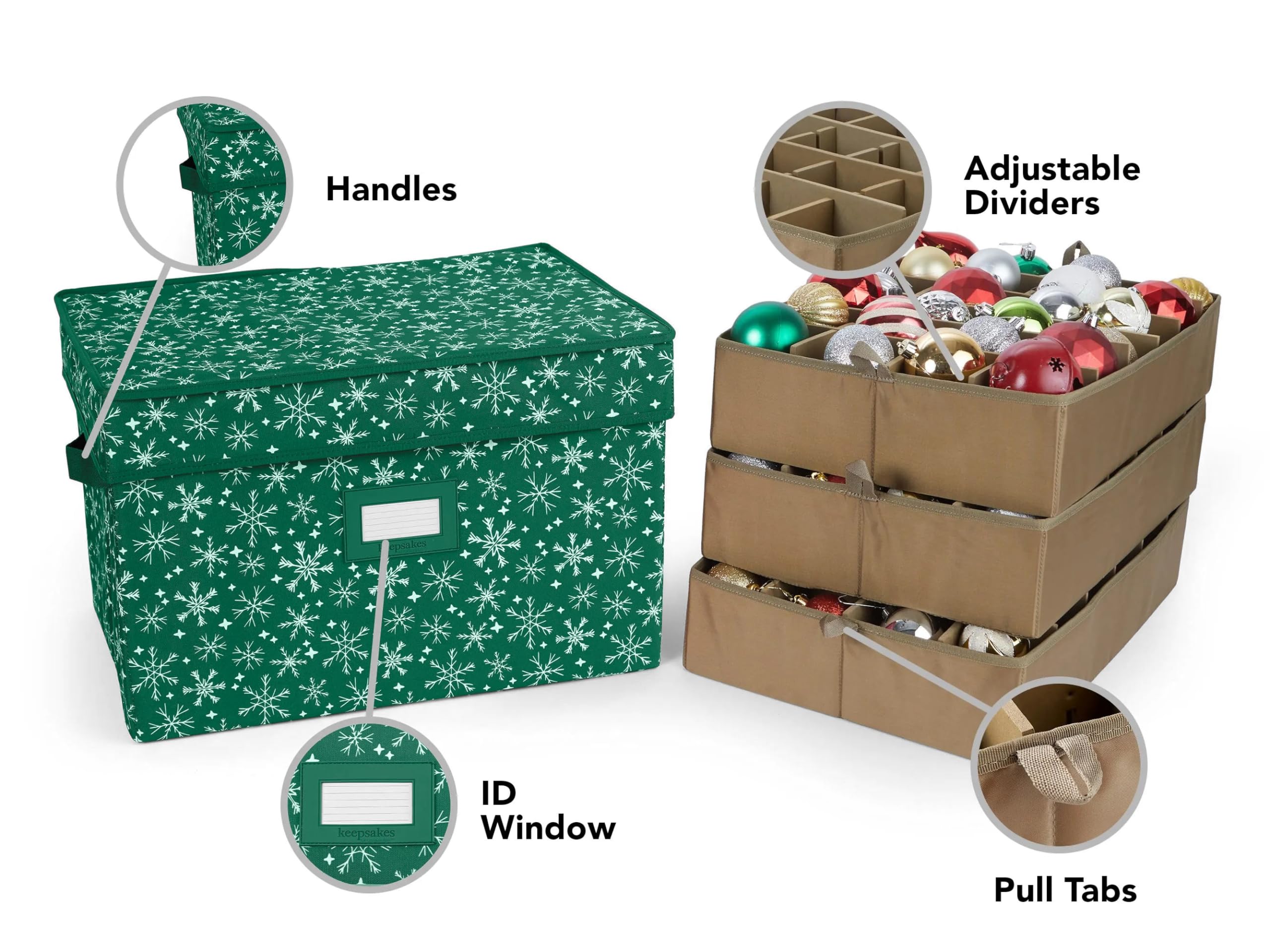 Covermates Adjustable Ornament Storage Box with Carrying Handles & Padded Protection - Holiday Decoration Organizer for Christmas Tree Decorations (Green Snowflake Design) - Perfect for Seasonal Storage & Home Organization