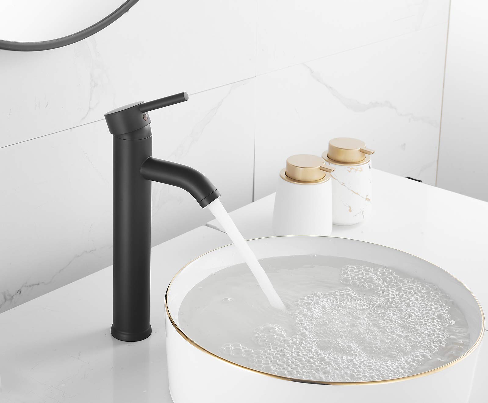 Black Single Handle Tall Vessel Sink Faucet - Farmhouse Bathroom Vanity Faucet with Deck Mount for Bowl Sinks, Lavatory Basin Mixer Tap with Supply Lines (Perfect for Modern Farmhouse, Commercial & Residential Bathrooms)