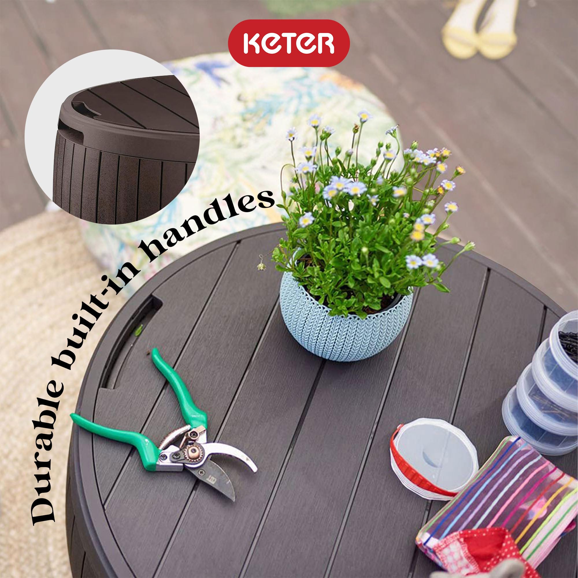 Keter 37 Gallon Outdoor Storage Deck Box - Waterproof Patio Furniture Organizer, Weather-Resistant Garden Table Bin in Brown - Perfect for Backyard, Deck, and Poolside Storage