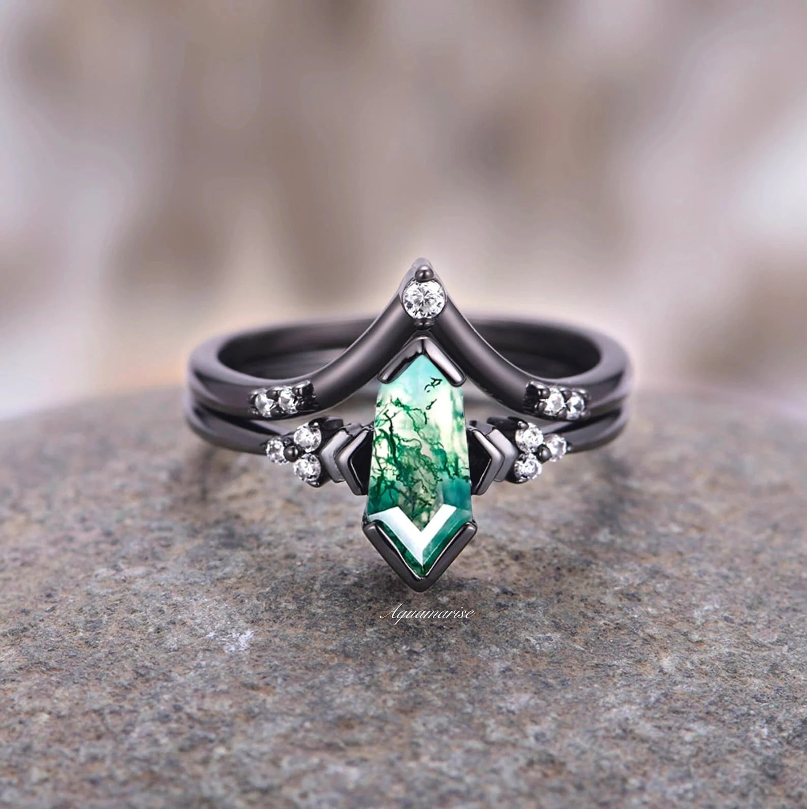 Moss Agate Couples Ring - Natural Stone Wedding Band for Him & Her - Handmade Sterling Silver Matching Rings - Perfect for Anniversaries, Engagements, and Romantic Gifts