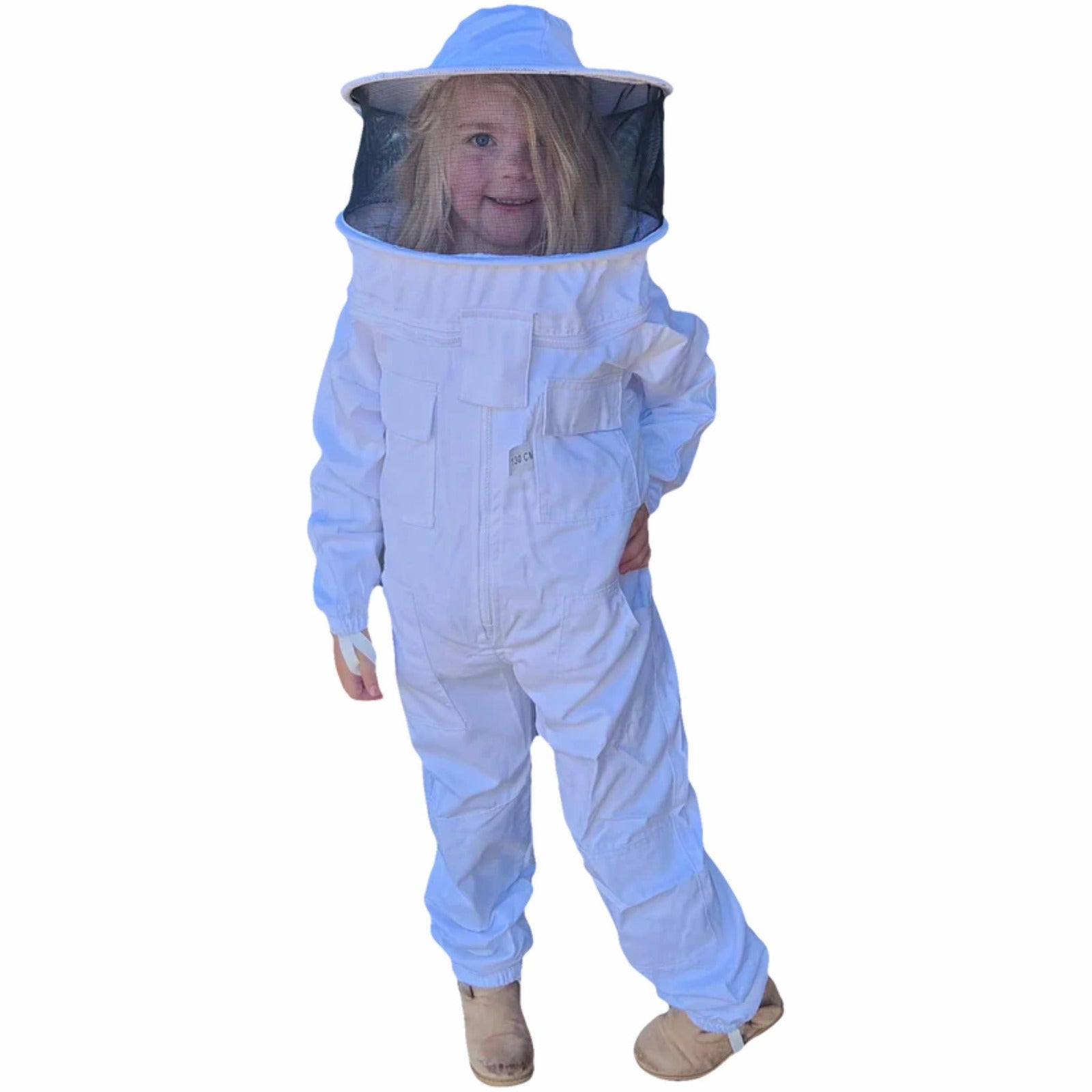White Poly Cotton Kids Beekeeping Suit with Round Brim Hat - Protective Beekeeping Outfit for Children Beekeepers - Perfect for Backyard Hives, Honey Harvesting & Farm Activities