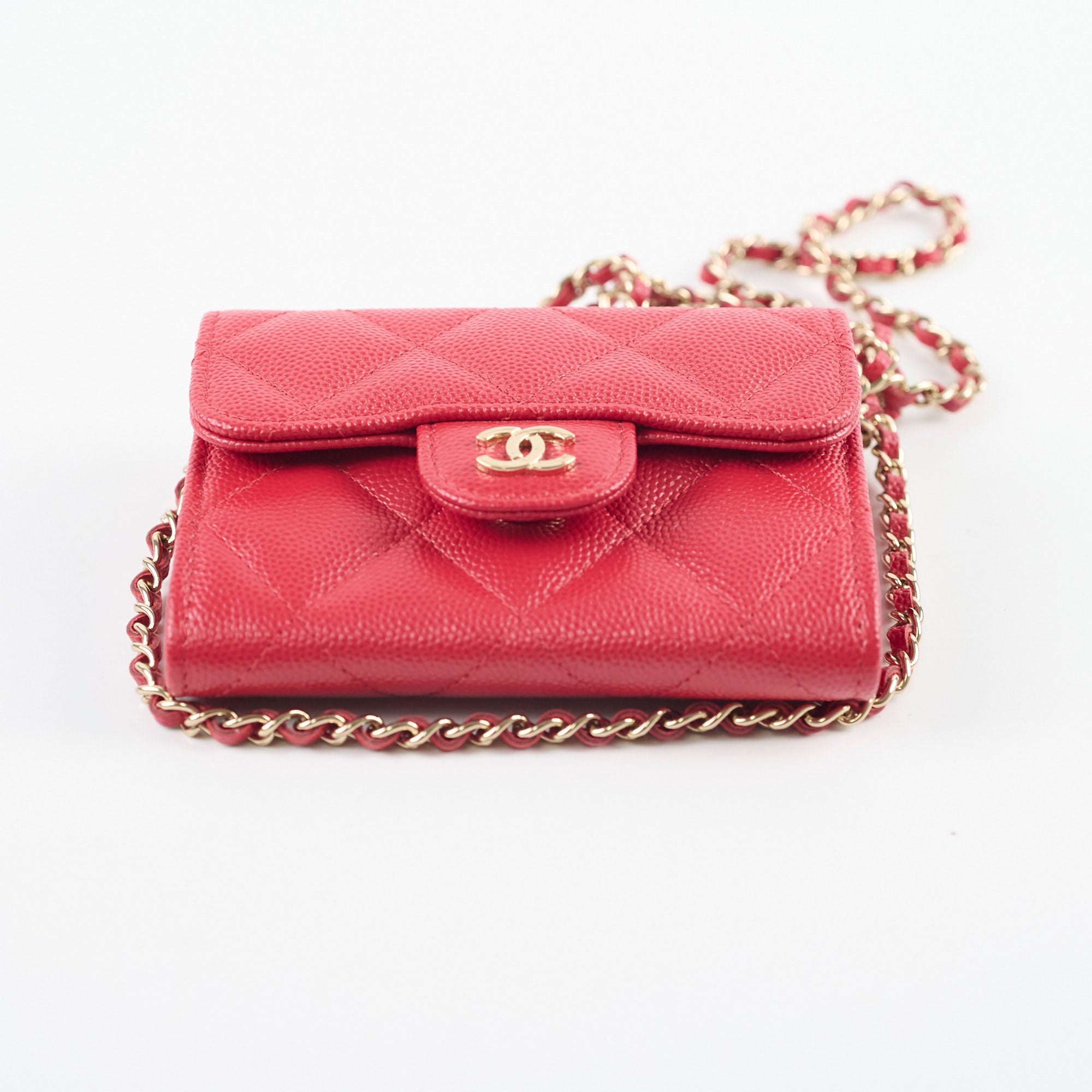 Chanel Caviar Leather Quilted Flap Card Holder with Chain - Red Series 31 | Luxury Wristlet Wallet for Women | Perfect for Parties, Date Nights & Everyday Use