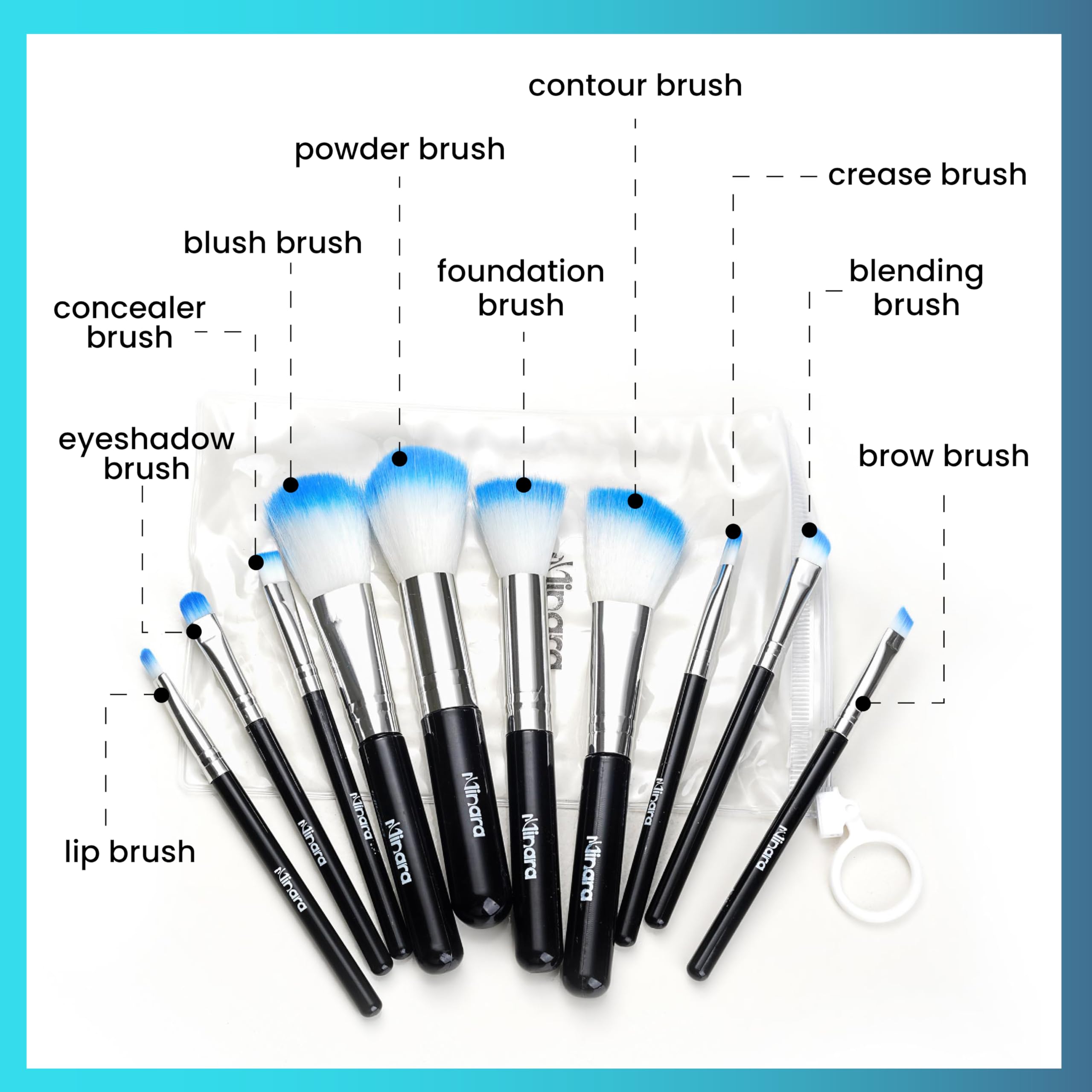 Minara 10-Piece Makeup Brush Set with Travel Pouch - Professional Foundation, Eyeshadow & Blending Brushes for Flawless Makeup Application | Perfect for Travel, Home & Professional Use | Black Cosmetic Brush Kit with Storage Case