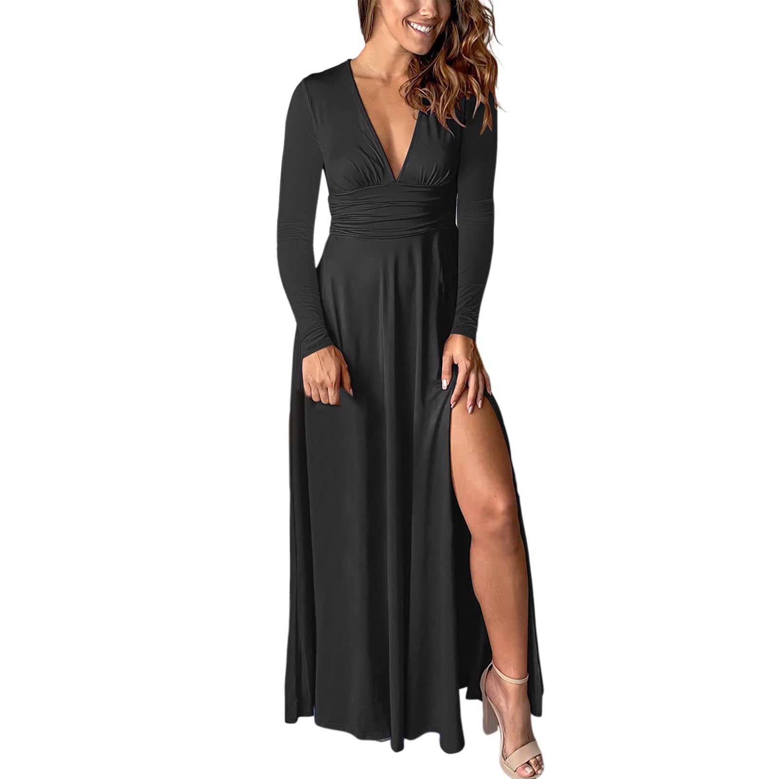 Elegant Women's Deep V Neck Long Sleeve Maxi Dress - High Waist Pleated Tunic with Side Slit for Club, Party, Evening & Wedding Guest Occasions | Perfect for Cocktail Events, Date Nights & Formal Gatherings