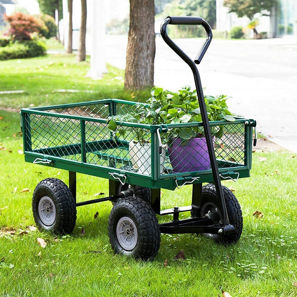 **Heavy Duty 650 lbs Capacity Garden Cart - 4-Wheel Steel Utility Wagon with Removable Sides for Yard, Lawn, Beach, Camping & Picnic - Collapsible Folding Green Outdoor Dump Wagon**    *(Perfect for Gardening, Landscaping, Hauling Firewood, Beach Trips, Camping Gear & Outdoor Adventures)*