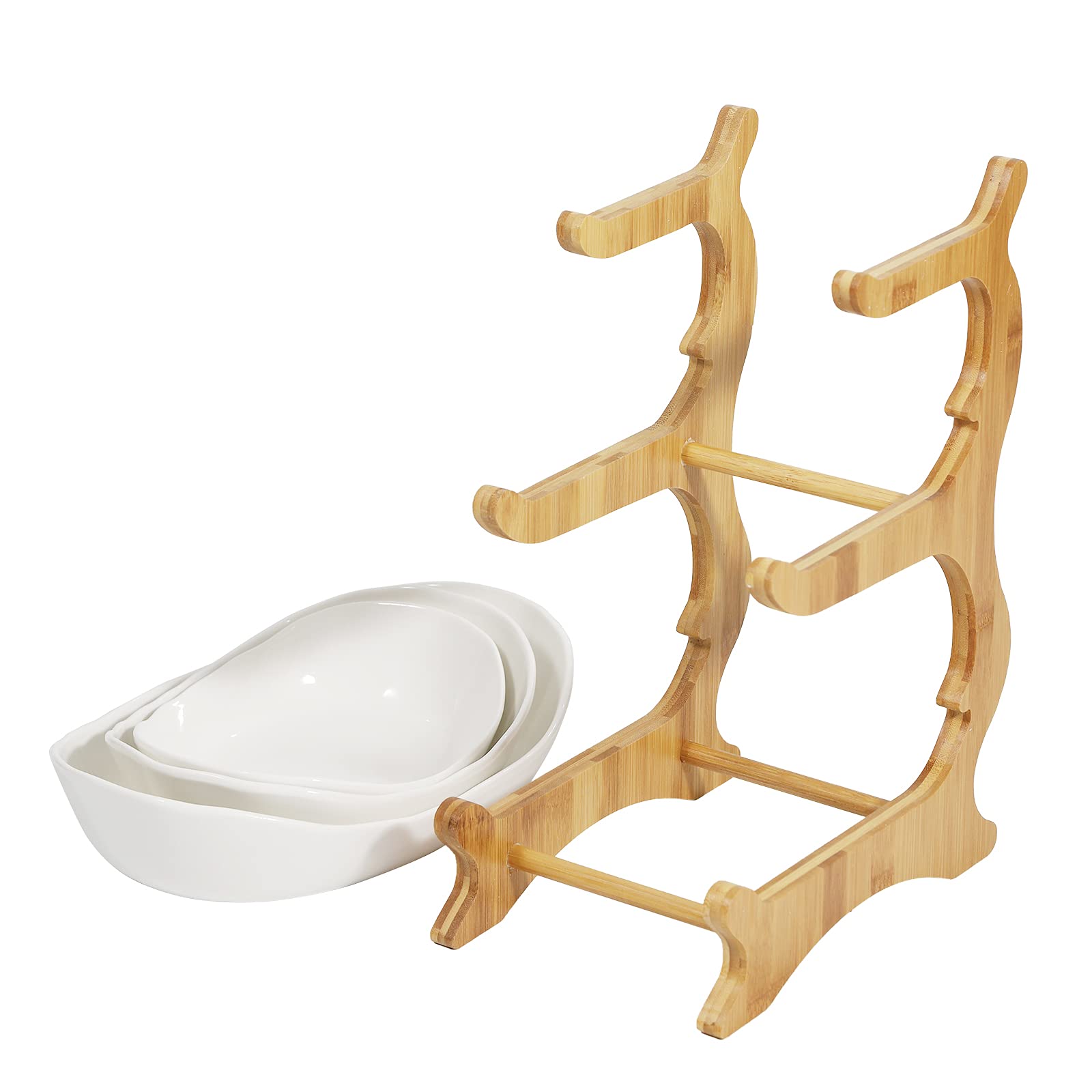 3-Tier Ceramic Fruit Bowl with Bamboo Stand - Large Capacity Serving Tray for Fruits, Vegetables, Snacks & Candy - Elegant Party Wedding Decor (White) | Perfect for Dining Table Centerpiece, Buffet Display & Kitchen Storage