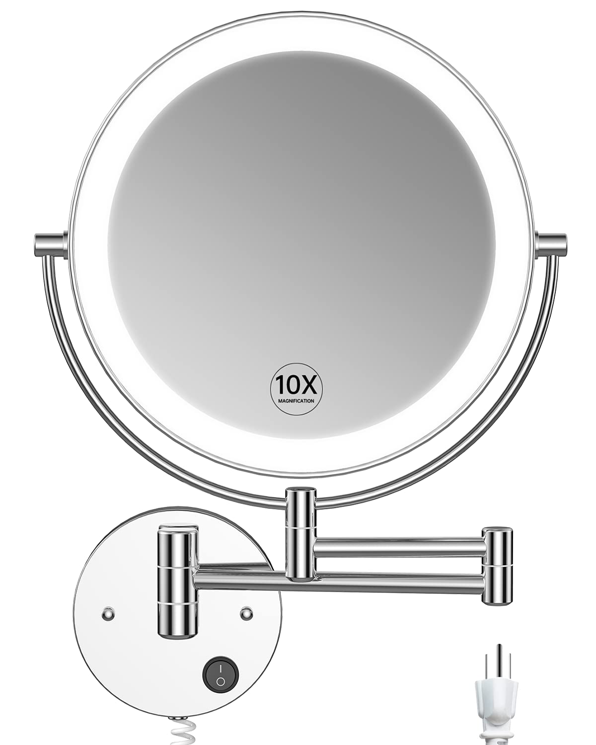 Benbilry 9 Inch LED Wall Mounted Makeup Mirror - Double Sided 1x/10x Magnification, Extendable Lighted Vanity Mirror with 360° Swivel - Round Bathroom Mirror with Plug-in Power (Chrome Finish) | Perfect for Makeup Application, Skincare Routine & Shaving in Bedroom or Bathroom