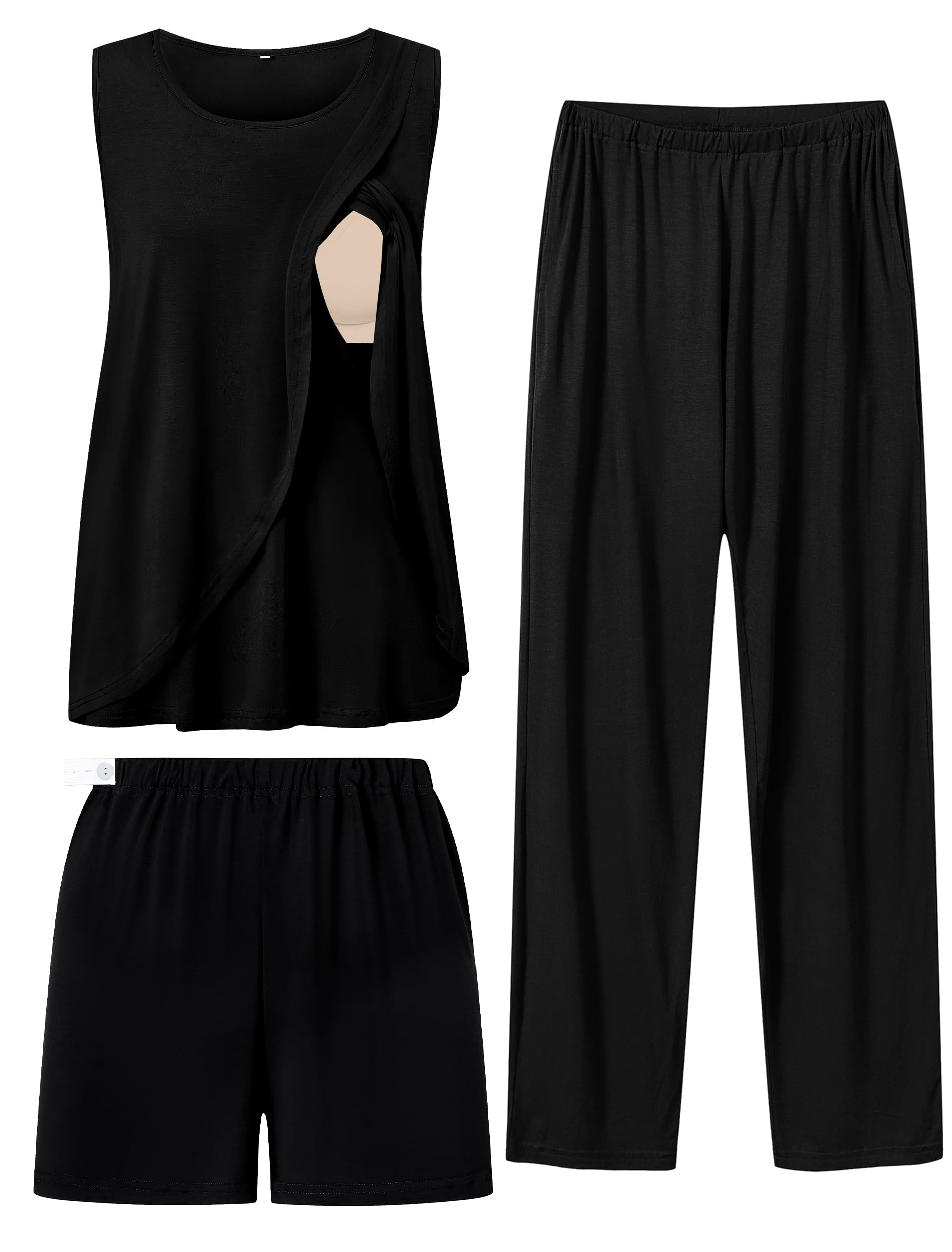 SWOMOG Women's 3-Piece Maternity Pajama Set - Sleeveless Nursing Pjs with Pockets & Double Layer for Breastfeeding Comfort | Perfect for Pregnancy Sleepwear & Postpartum Care