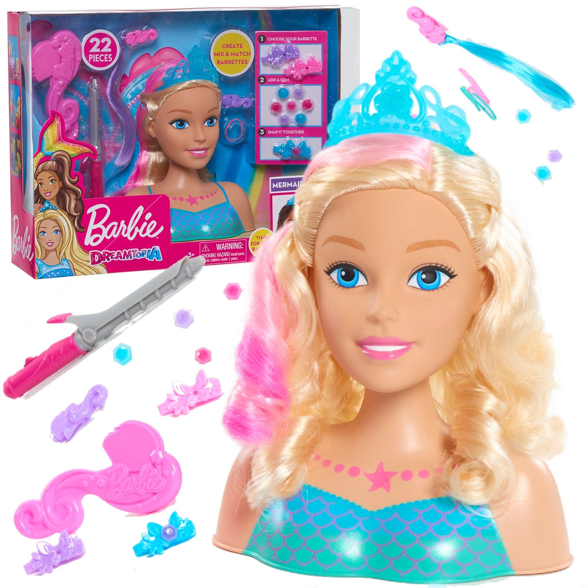 Barbie JP Dreamtopia Mermaid Styling Head with 22 Hair Styling Accessories - Perfect for Pretend Play, Birthday Gifts & Creative Hair Styling Fun