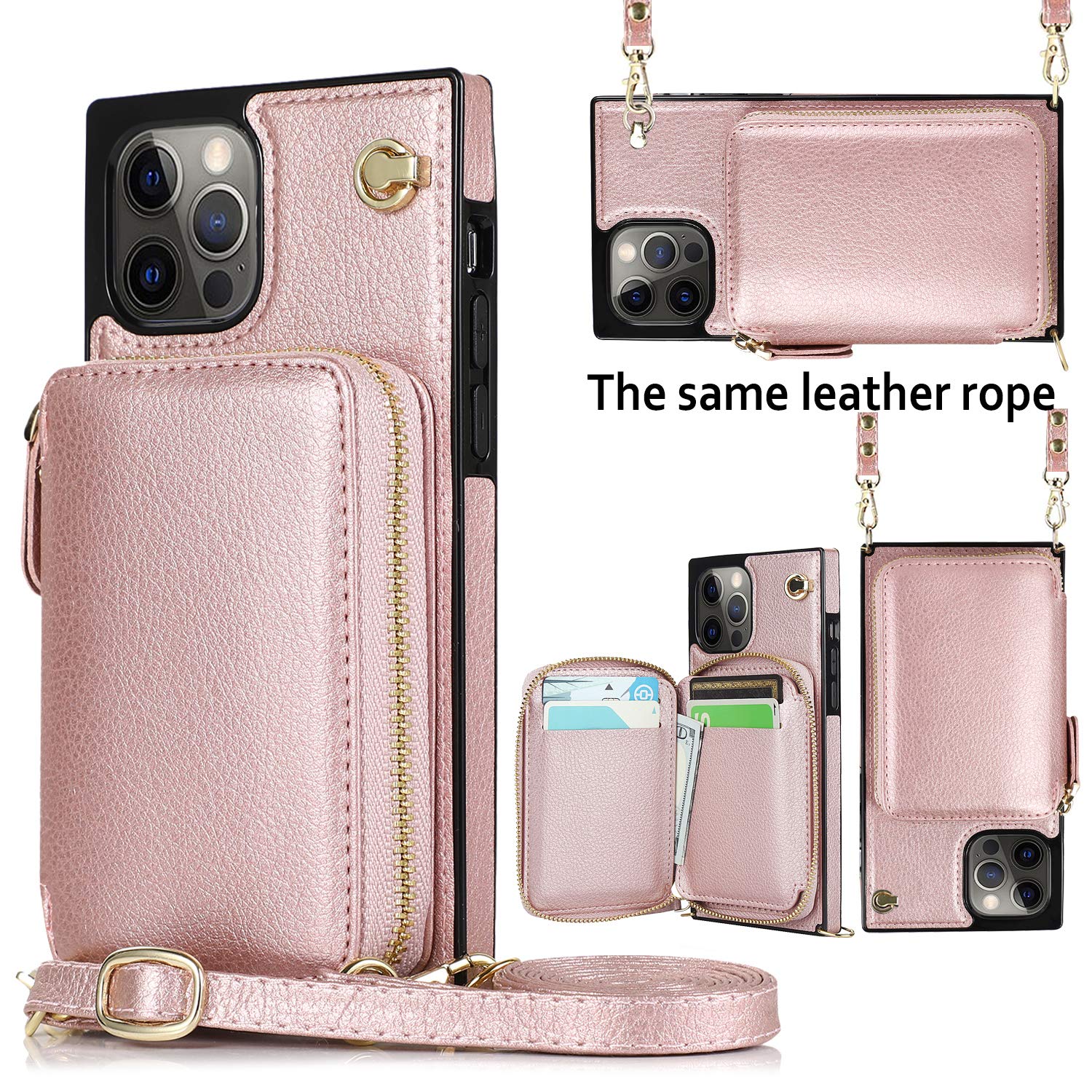 DEFBSC Crossbody Wallet Phone Case for iPhone 12 Pro Max (6.7 Inch) - Rose Gold Zipper Card Holder with Shoulder Strap & Wristlet | Perfect for Travel, Shopping & Everyday Use