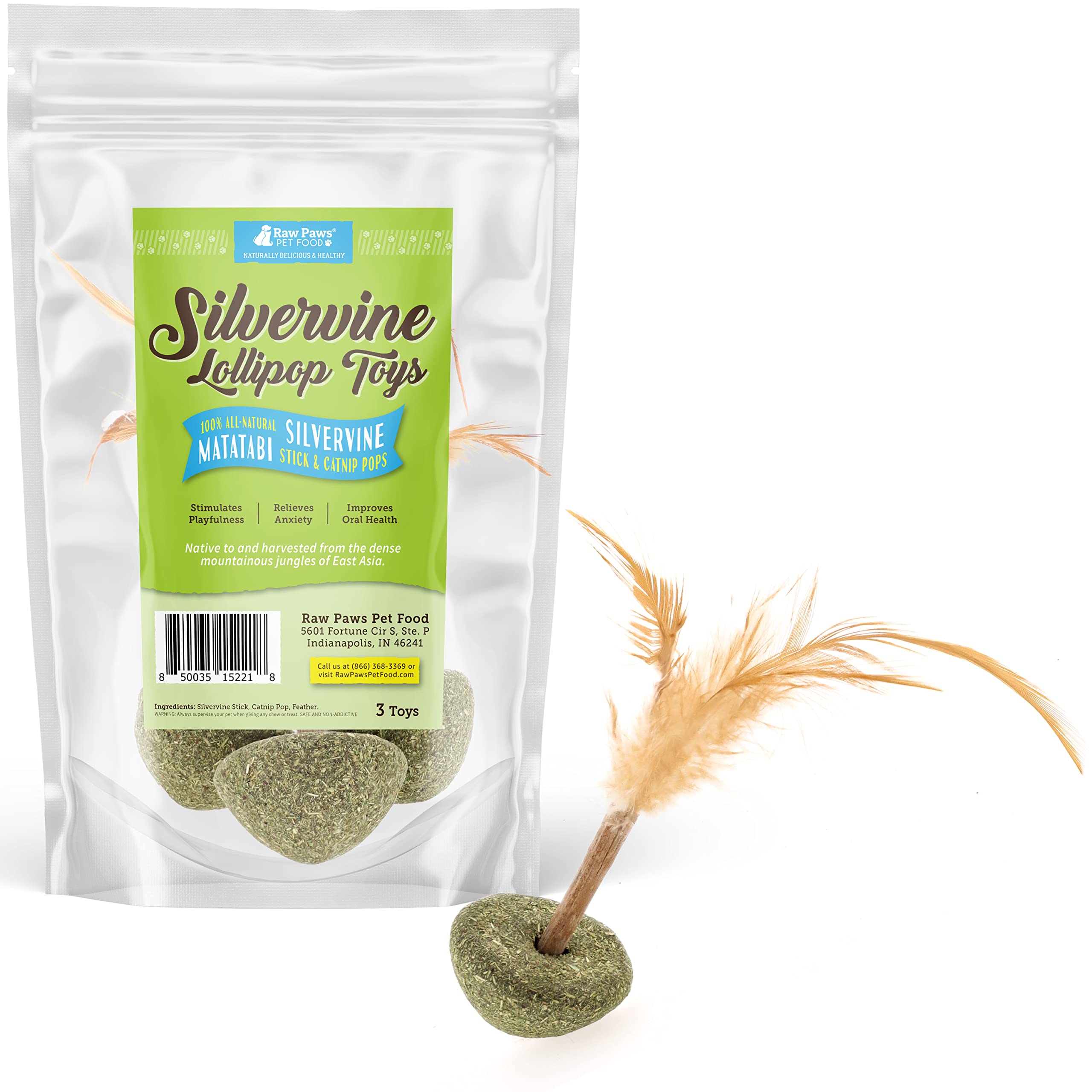 Raw Paws Silvervine Lollipop Cat Toys (3-Pack) - Feather Stimulation Toys for Indoor Cats - Interactive Catnip Kicker Toy with Feathers - Perfect for Playtime, Exercise & Bonding