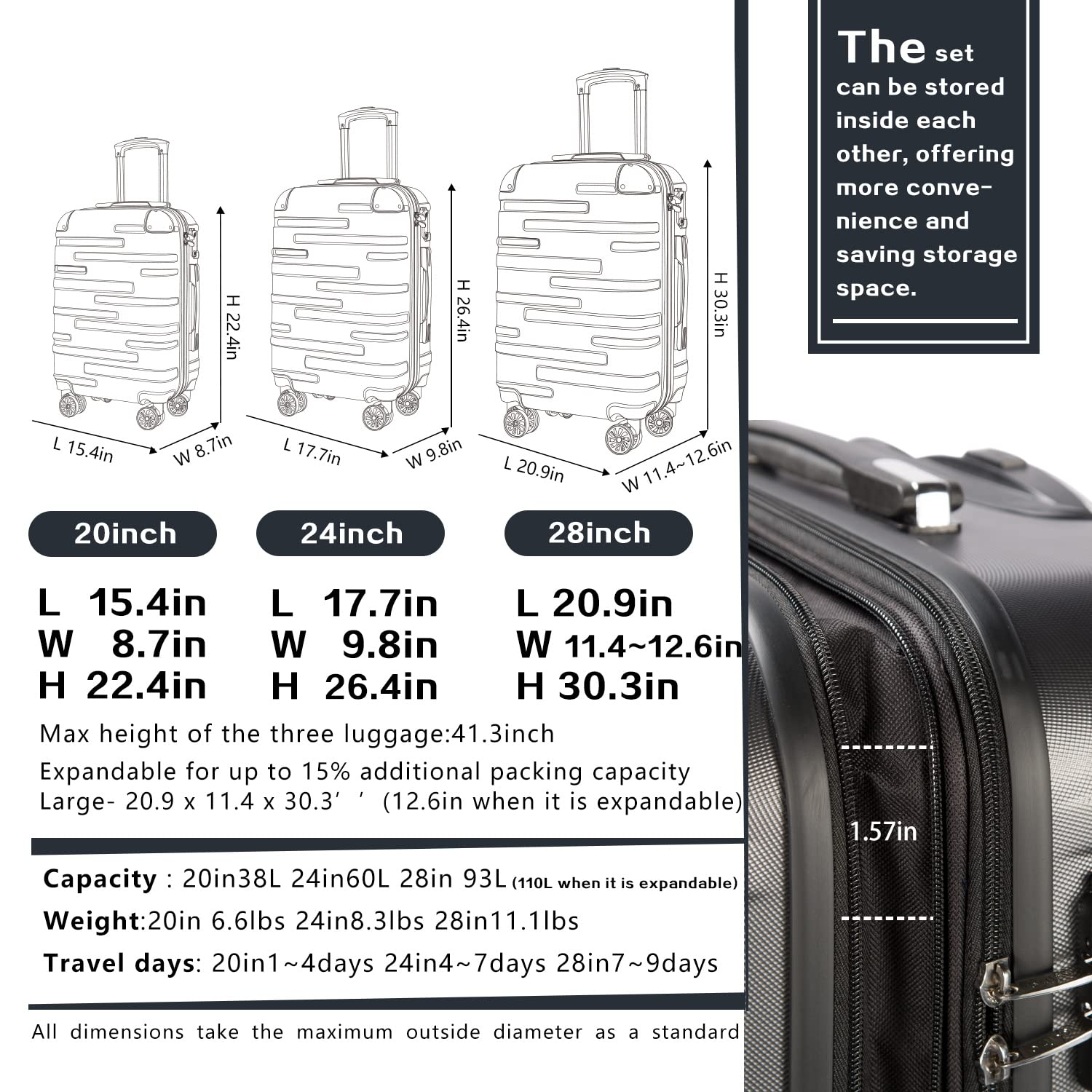 Coolife Expandable 3-Piece Luggage Set with TSA Lock, Spinner Wheels (20in, 24in, 28in) - Blue | Perfect for International Travel & Family Vacations