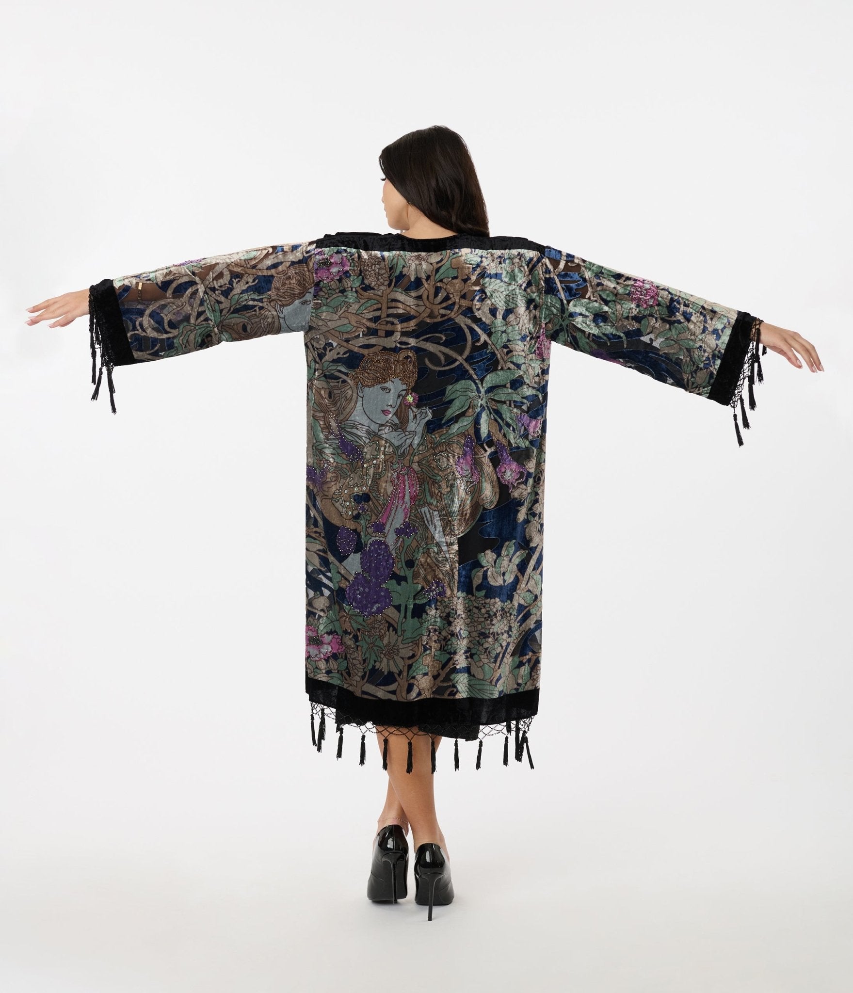 1920s Black Beaded Floral Goddess Devore Velvet Scarf Coat - Vintage Elegant Shawl Wrap for Evening Gala, Wedding, and Special Occasions