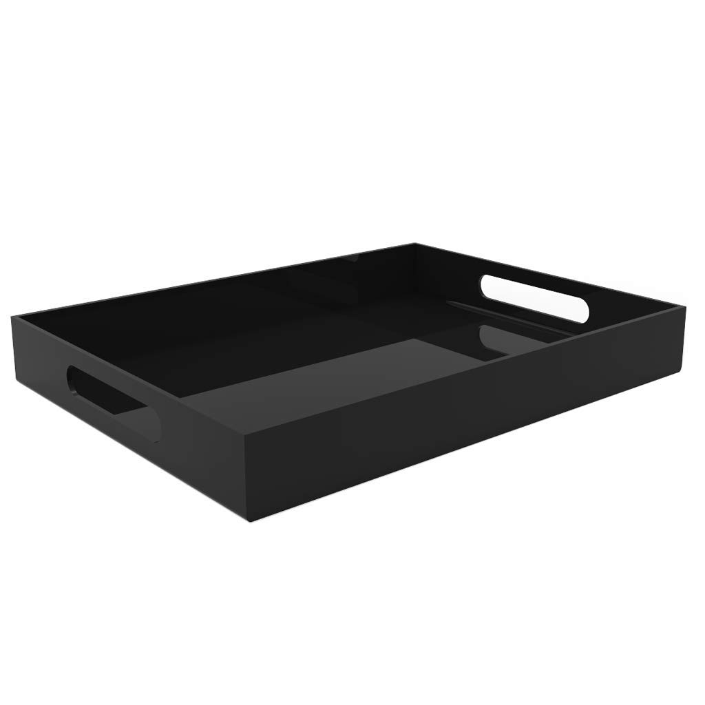 Black Acrylic Serving Tray with Handles - Rectangle Small Vanity Organizer, Bathroom Decor, Outdoor Party Platter, Food Serving Dish for Home & Dining (Perfect for Makeup Display, Brunch Serving, Spa Days)