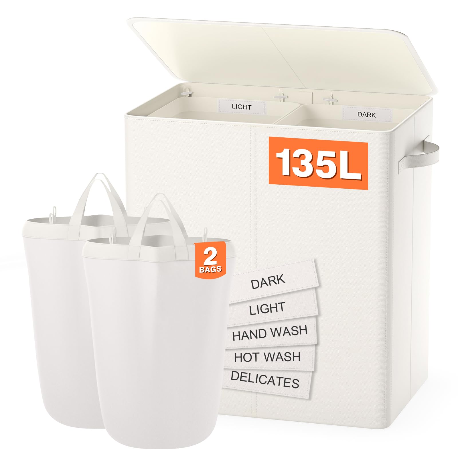 135L Double Laundry Hamper with Lid & Removable Bags - 2 Section Laundry Basket with Labels for Clothes Separation - Large Beige Laundry Organizer for Bedroom, Laundry Room & Dorm - Perfect for Family Laundry Sorting & Space Saving Storage