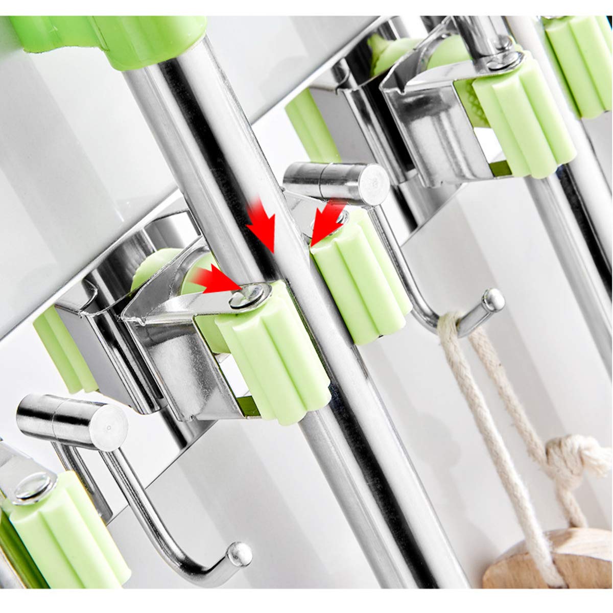 Stainless Steel Heavy Duty Mop Broom Holder - 2 Position Wall Mount Tool Hanger with 3 Hooks for Garage, Kitchen, Garden, Closet & Laundry Organization | Space Saving Storage Solution for Cleaning Tools