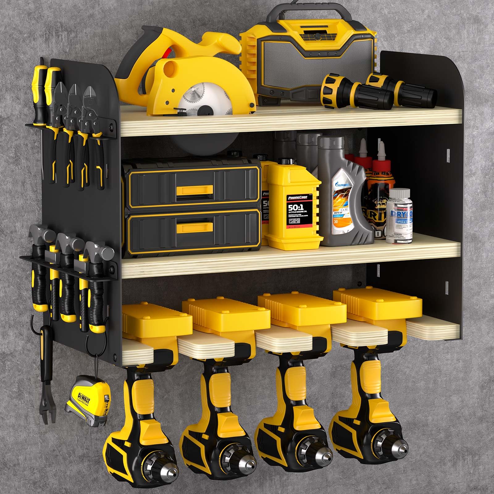Wall Mount Power Tool Organizer - 3 Tier Garage Storage Rack with 4 Drill Holders | Cordless Tool Organizer for Workshop & DIY Projects | Perfect Father's Day & Christmas Gift for Men (Black)
