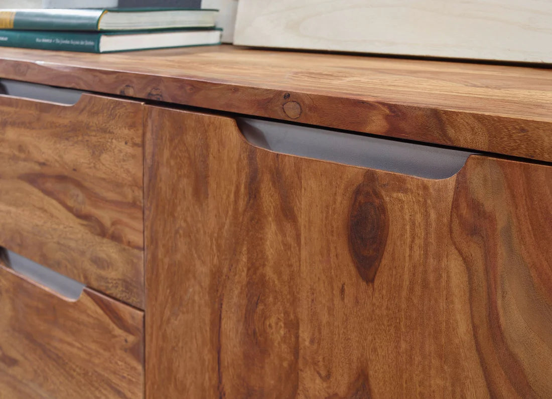 Gfine Solid Sheesham Wood Sideboard - 2 Doors & 3 Drawers, 130x43x70cm - Perfect for Living Room Storage & Dining Room Organization