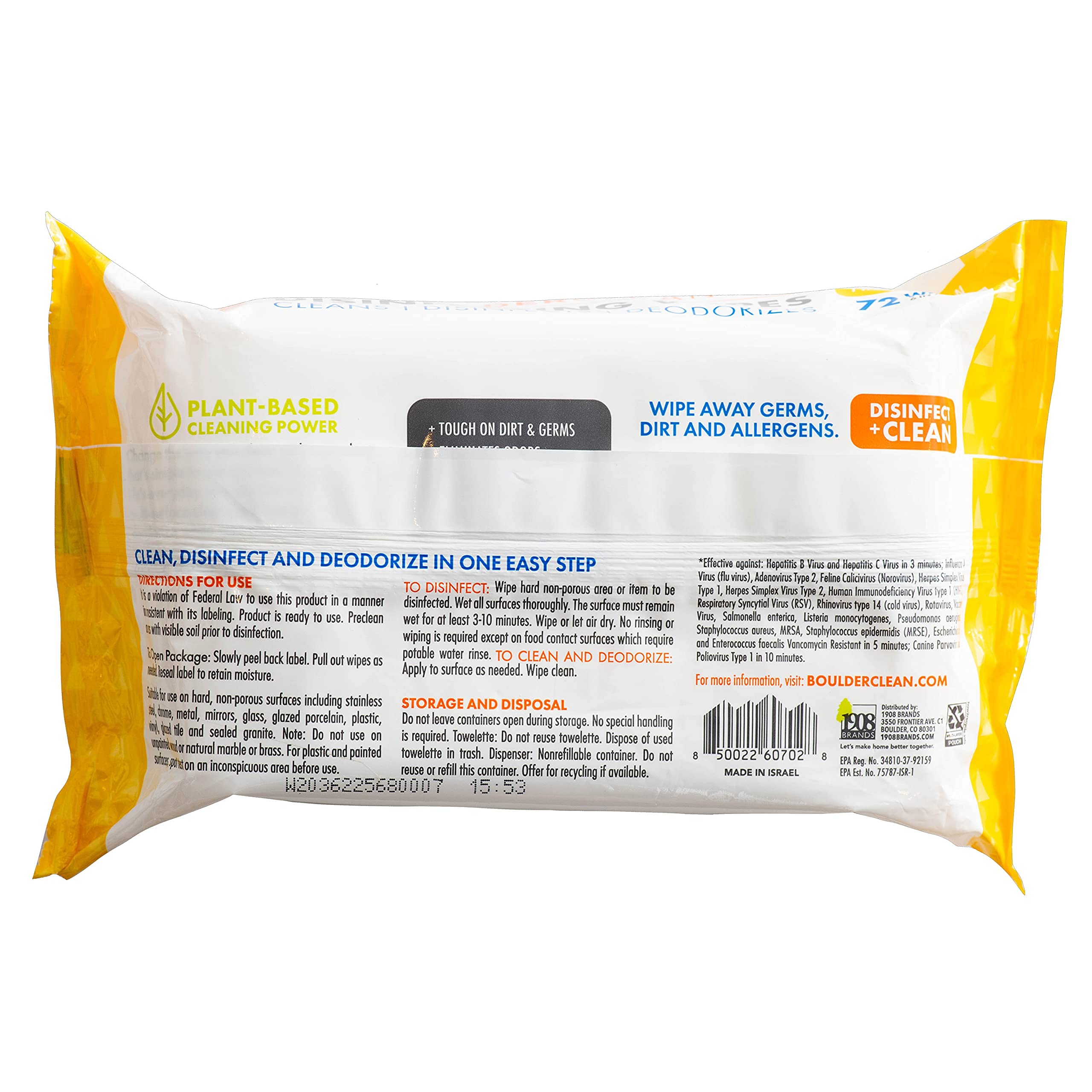 Boulder Clean Disinfecting Wipes - Fresh Lemon Scent, Eco-Friendly Multi-Surface Cleaning Wipes | Kills 99.9% Germs, Antibacterial for Home, Office & Travel | 72 Count (Pack of 4) - Perfect for Kitchens, Bathrooms, Gym Equipment & Baby Items