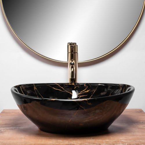 REMOTION Oval Ceramic Bathroom Sink - Glossy Black Gold Countertop Wash Basin for Vanity, Powder Room & Guest Bath | Modern Oval Shape Vessel Sink for Bathroom Decor & Home Renovation Projects