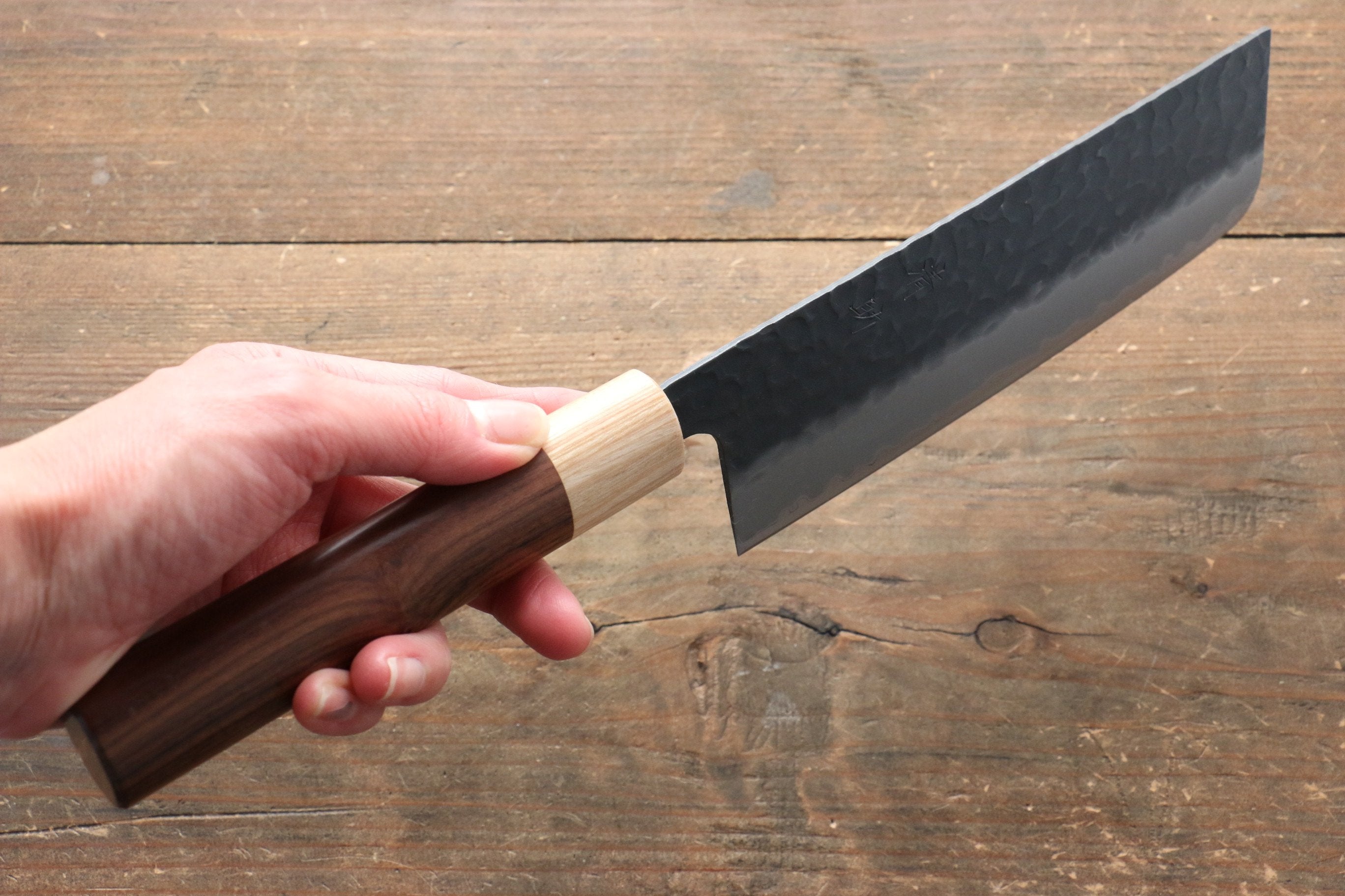 Seisuke Kokubyaku Blue Super Hammered Nakiri Knife 165mm - Japanese Chef Knife with Morado Wood Handle - Perfect for Slicing Vegetables, Herbs & Sushi Preparation