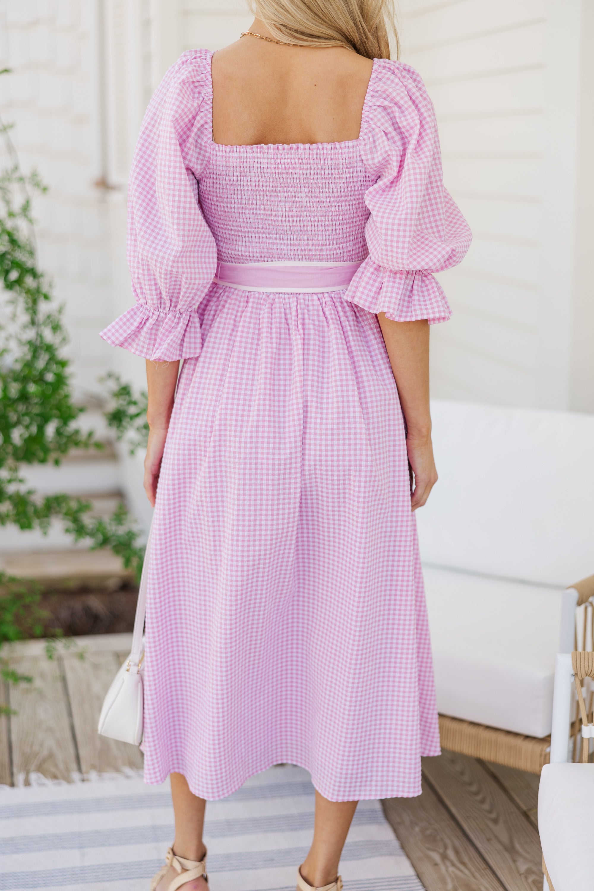 All I Want Pink Gingham Midi Dress - Floral Print Summer Dress for Women, Perfect for Beach Vacation, Date Night & Outdoor Parties